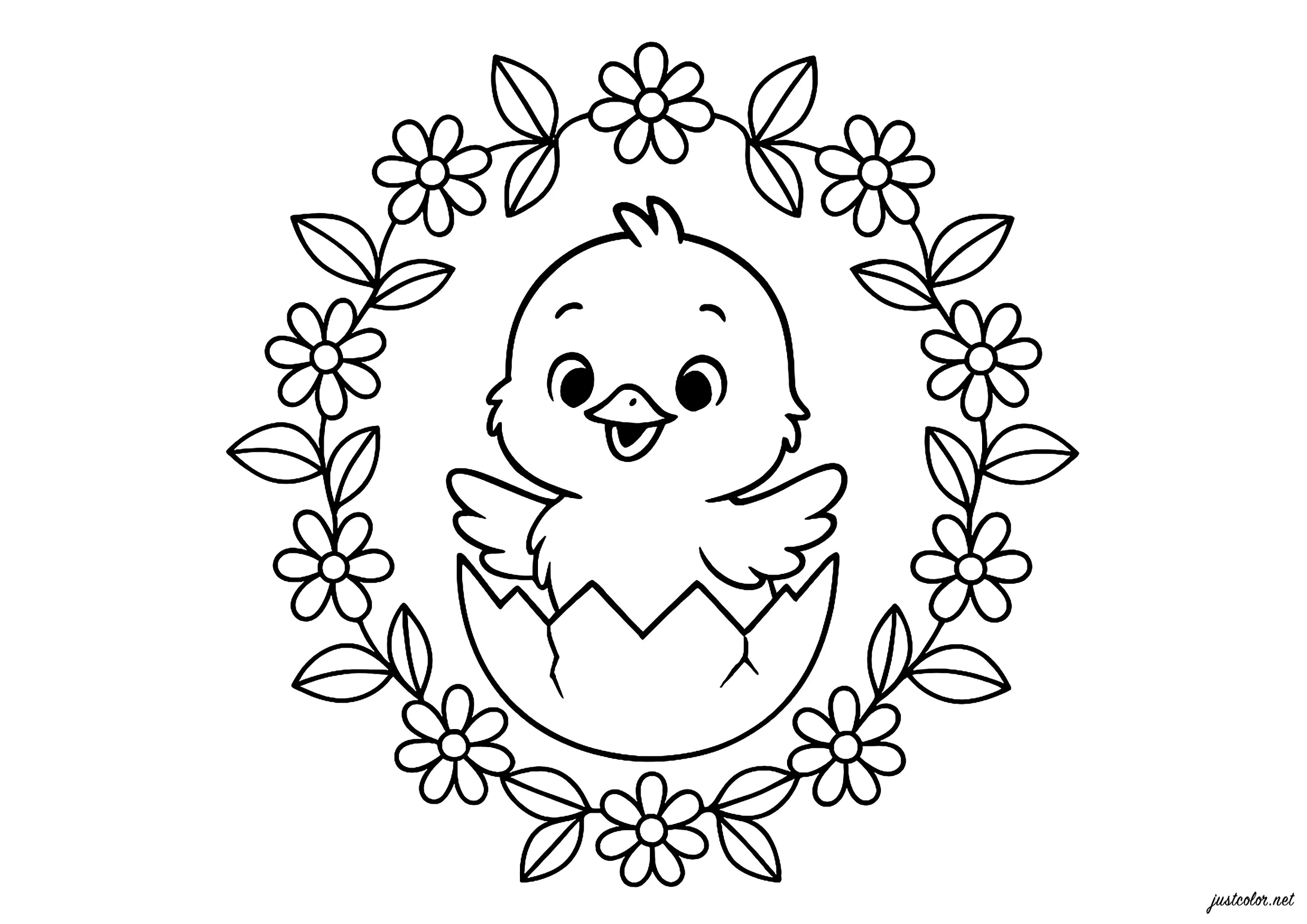 Poussin joyeux sous les fleurs (Coloriage à imprimer pour enfants)