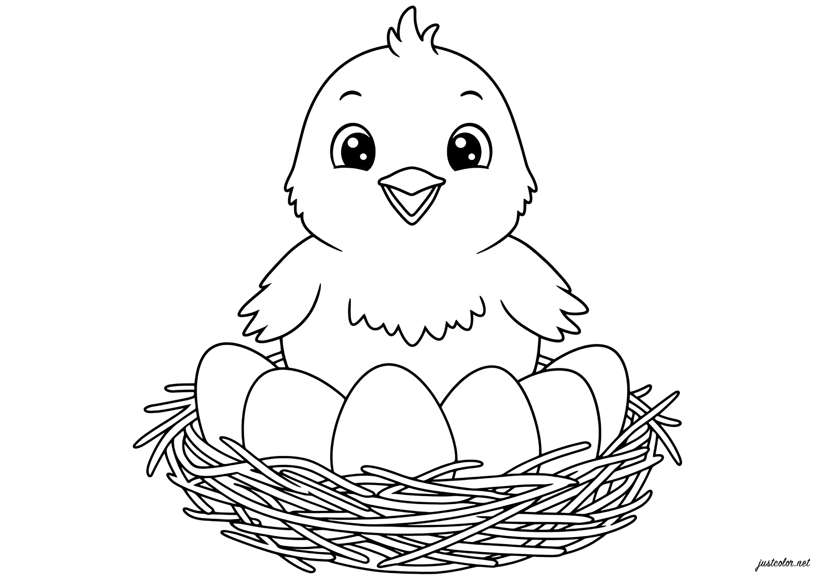 Joyeux poussin dans son nid (Coloriage à imprimer pour enfants)