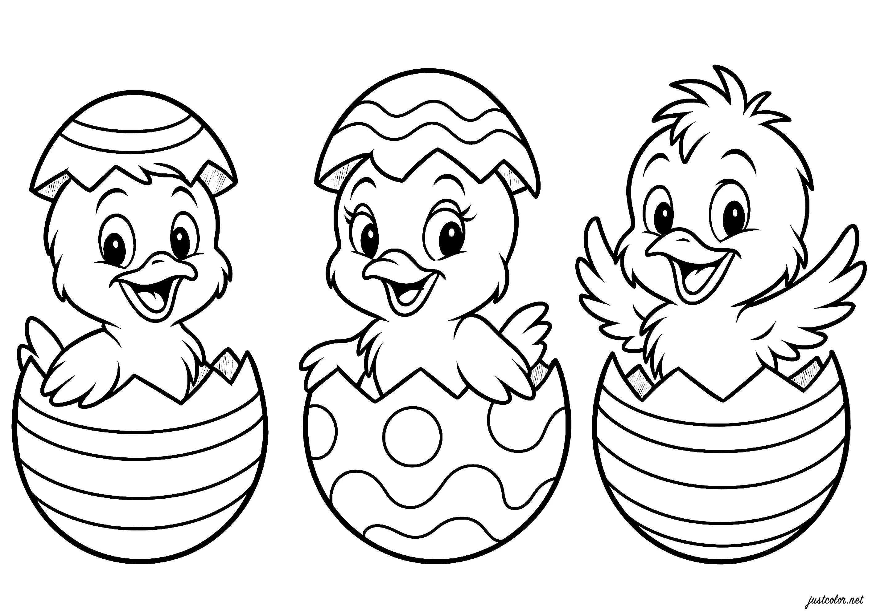 Petits poussins joyeux sortant des œufs (Coloriage à imprimer pour enfants)
