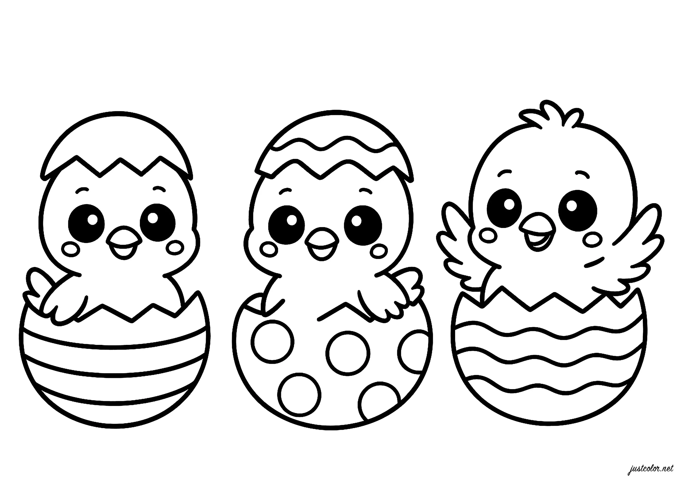 Jolis poussins Kawaii sortant de leurs œufs (Coloriage à imprimer pour enfants)