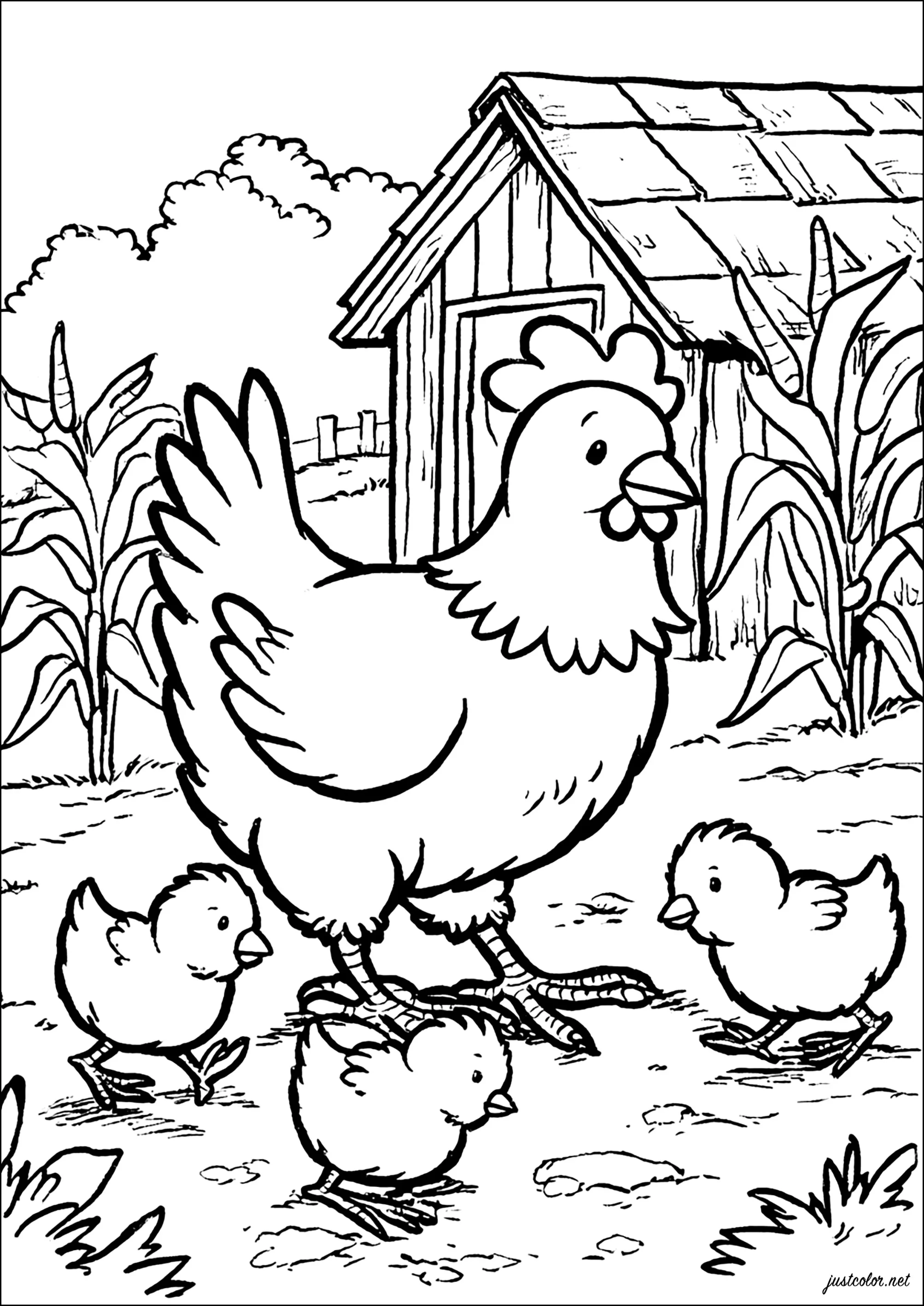Poules et poussins explorant la ferme (Coloriage à imprimer pour enfants)
