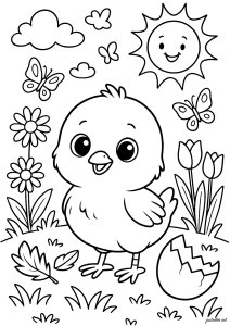 Poussin joyeux au jardin (Coloriage)