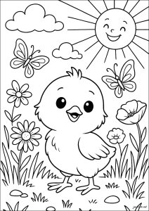 Poussin joyeux dans la prairie (Coloriage)