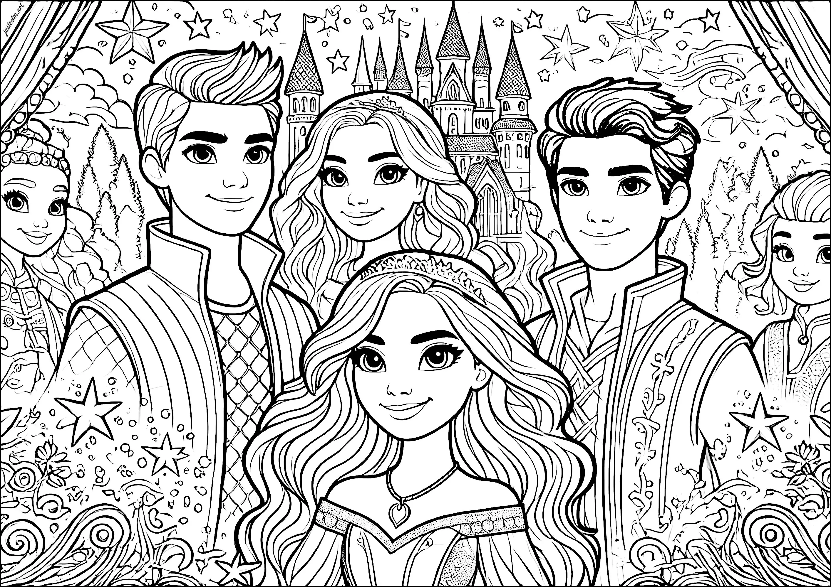Princesses et princes modernes avec chateau en arrière-plan (Coloriage à imprimer pour enfants)