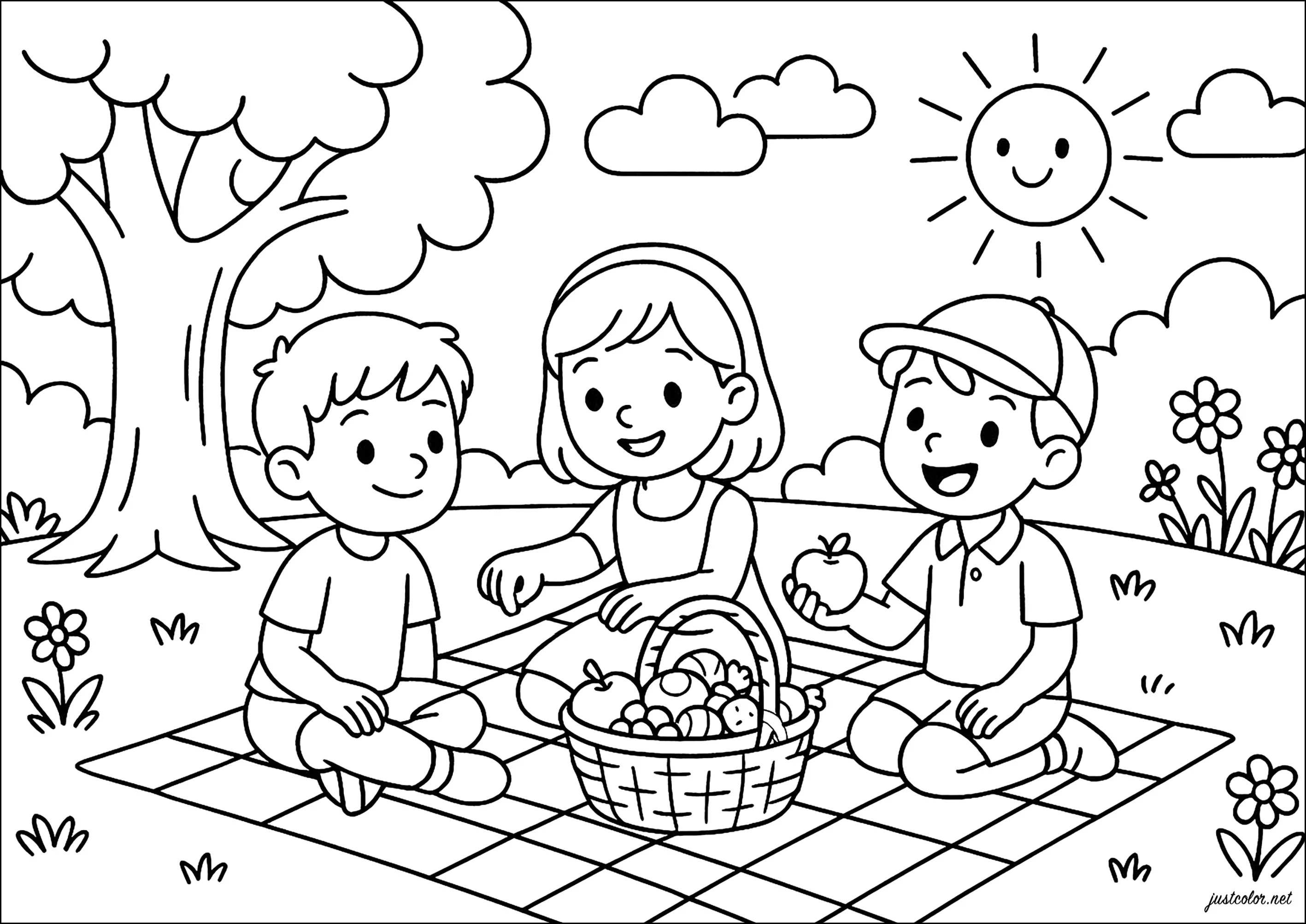Pique-nique joyeux sous le soleil (Coloriage de Printemps à imprimer pour enfants)