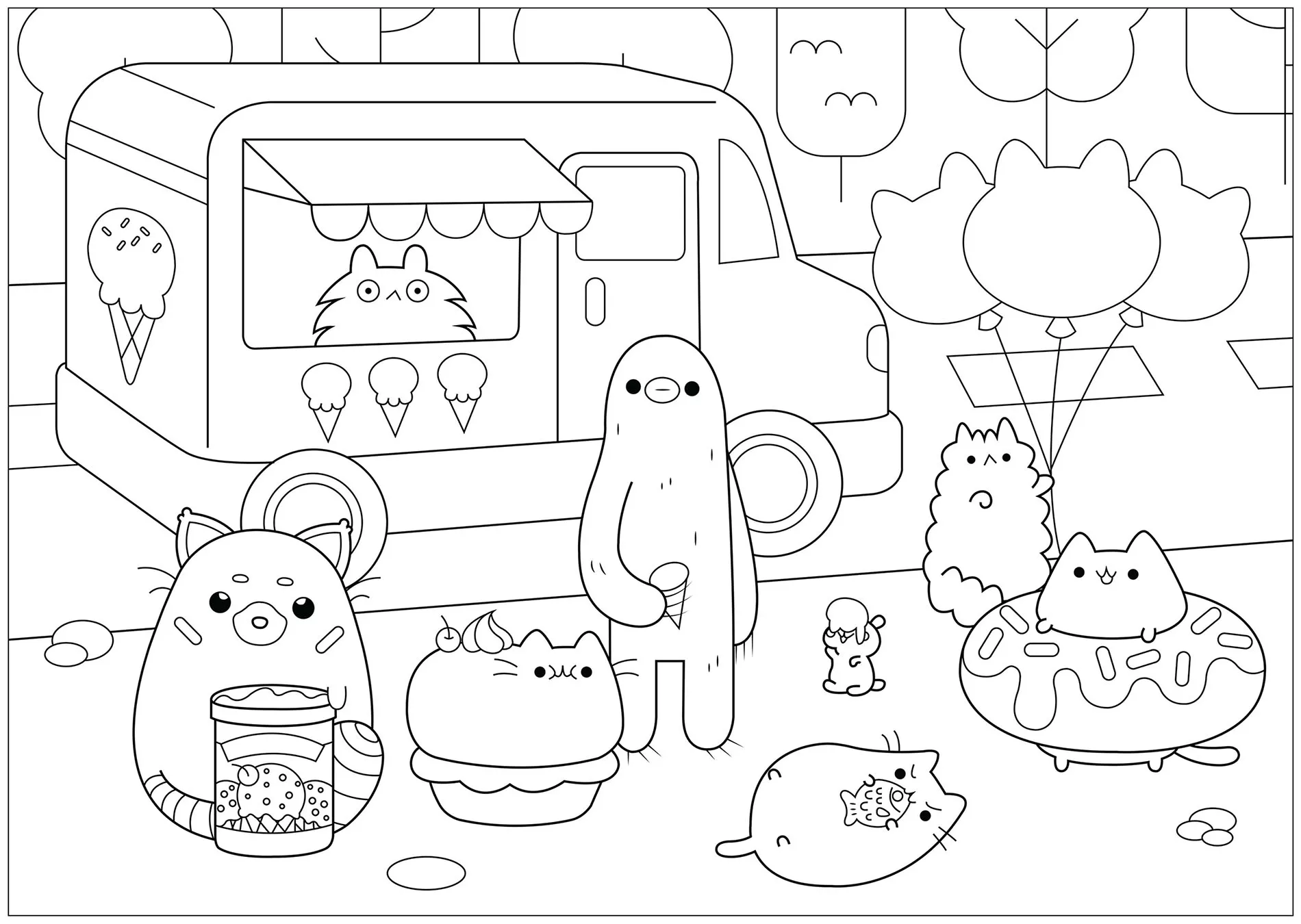 Le marchand de glace (Coloriage de Pusheen à imprimer pour enfants)