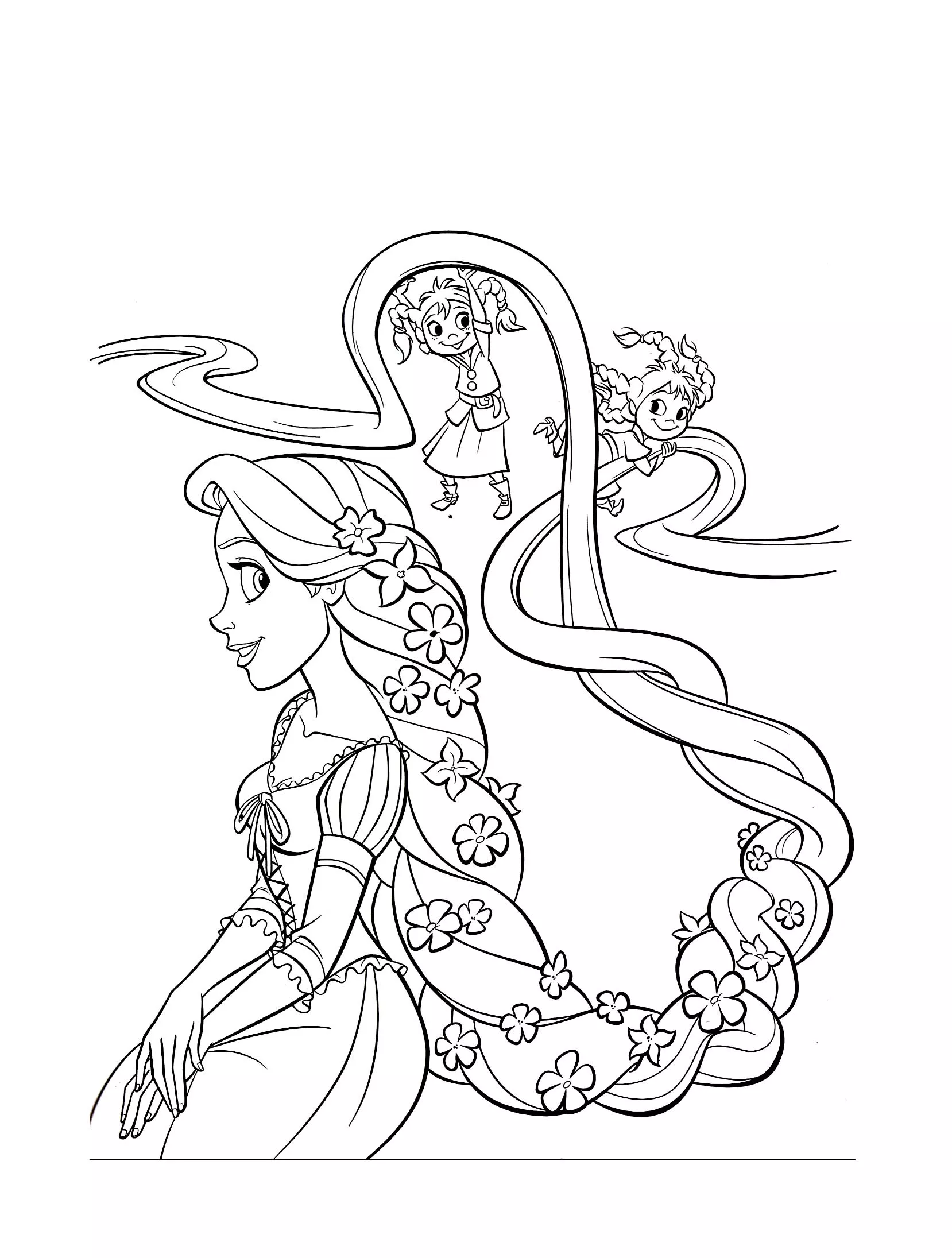 Raiponce tresse fleurs (Coloriage à imprimer pour enfants)