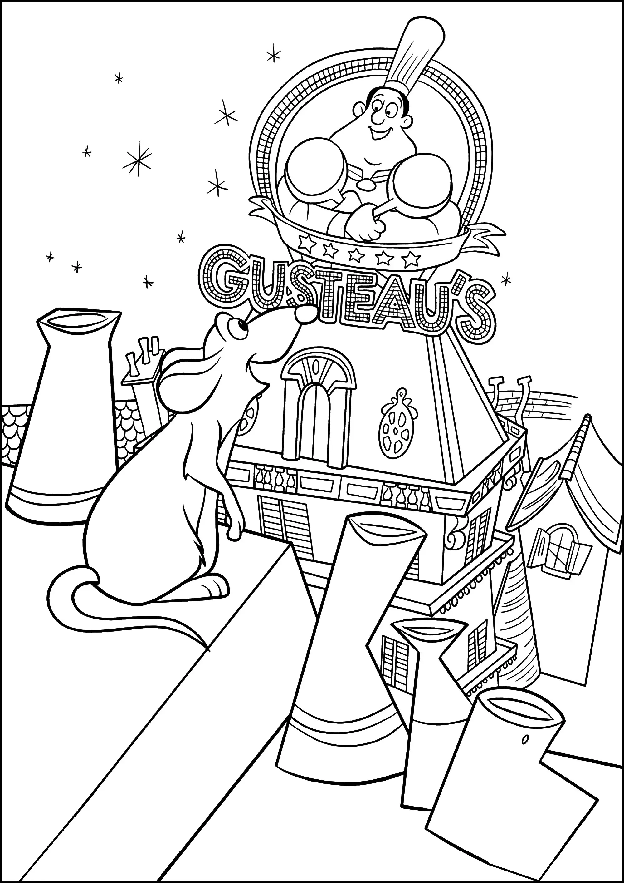 Ratatouille admire l'enseigne du restaurant du grand cuisinier Gusteau (Coloriage à imprimer pour enfants)