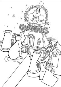 Ratatouille admire l'enseigne du restaurant du grand cuisinier Gusteau (Coloriage)