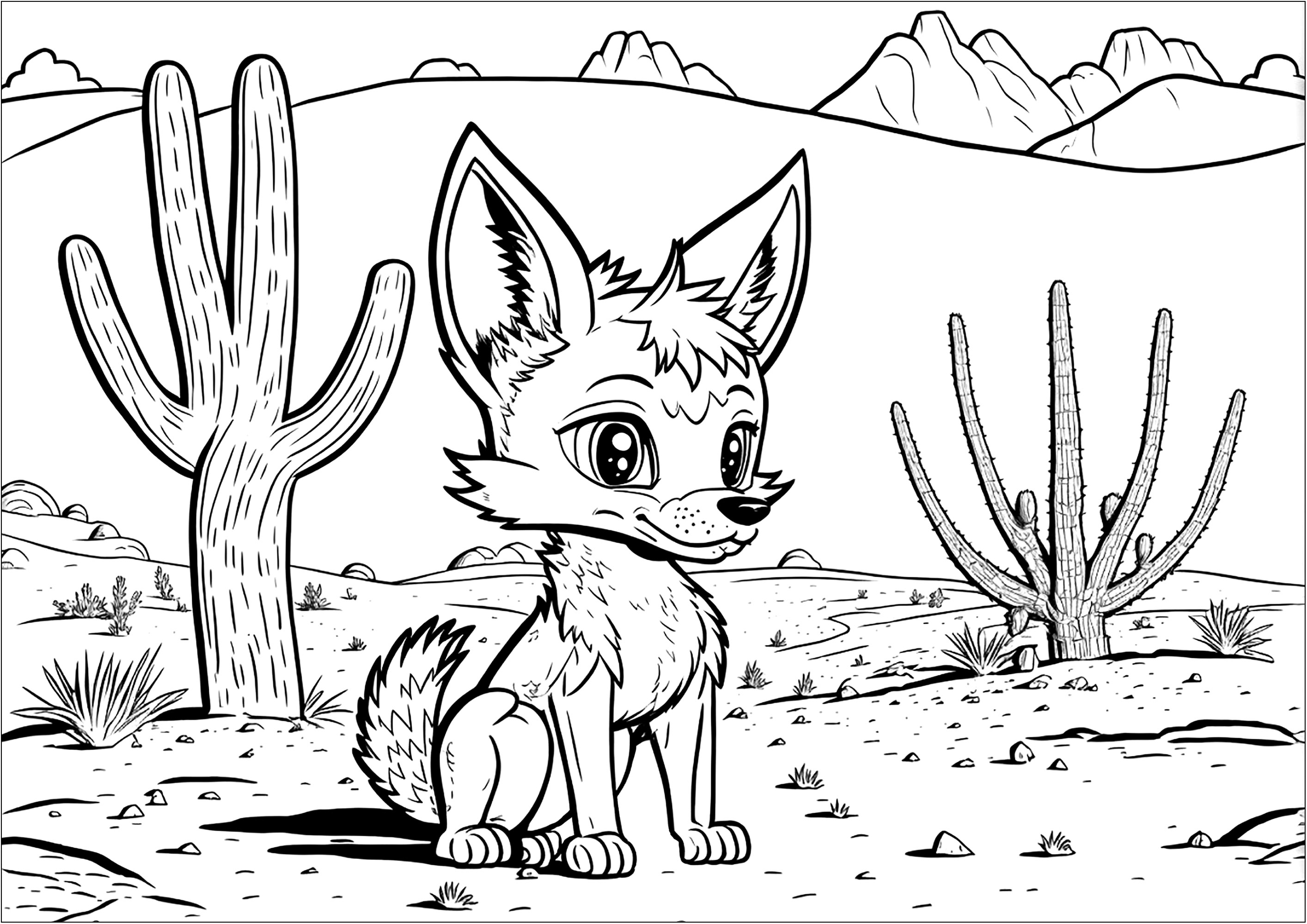 Laisse ta créativité s'exprimer en coloriant ce renard et le paysage du désert dans lequel il se situe. Des cactus, des montagnes et des rochers se dressent derrière ce jeune renard, attendant d'être coloriés.