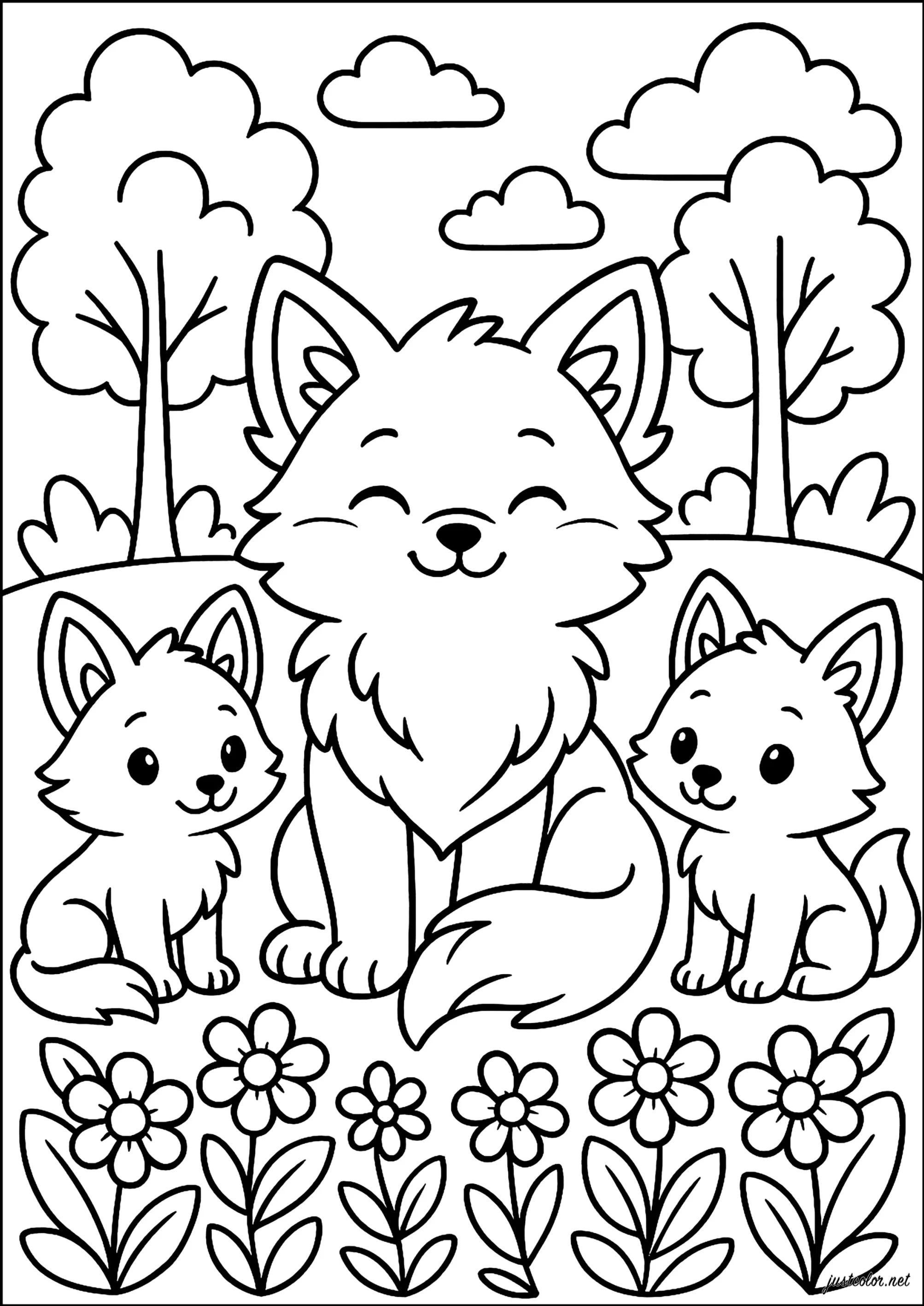 Famille de renards (Coloriage à imprimer pour enfants)