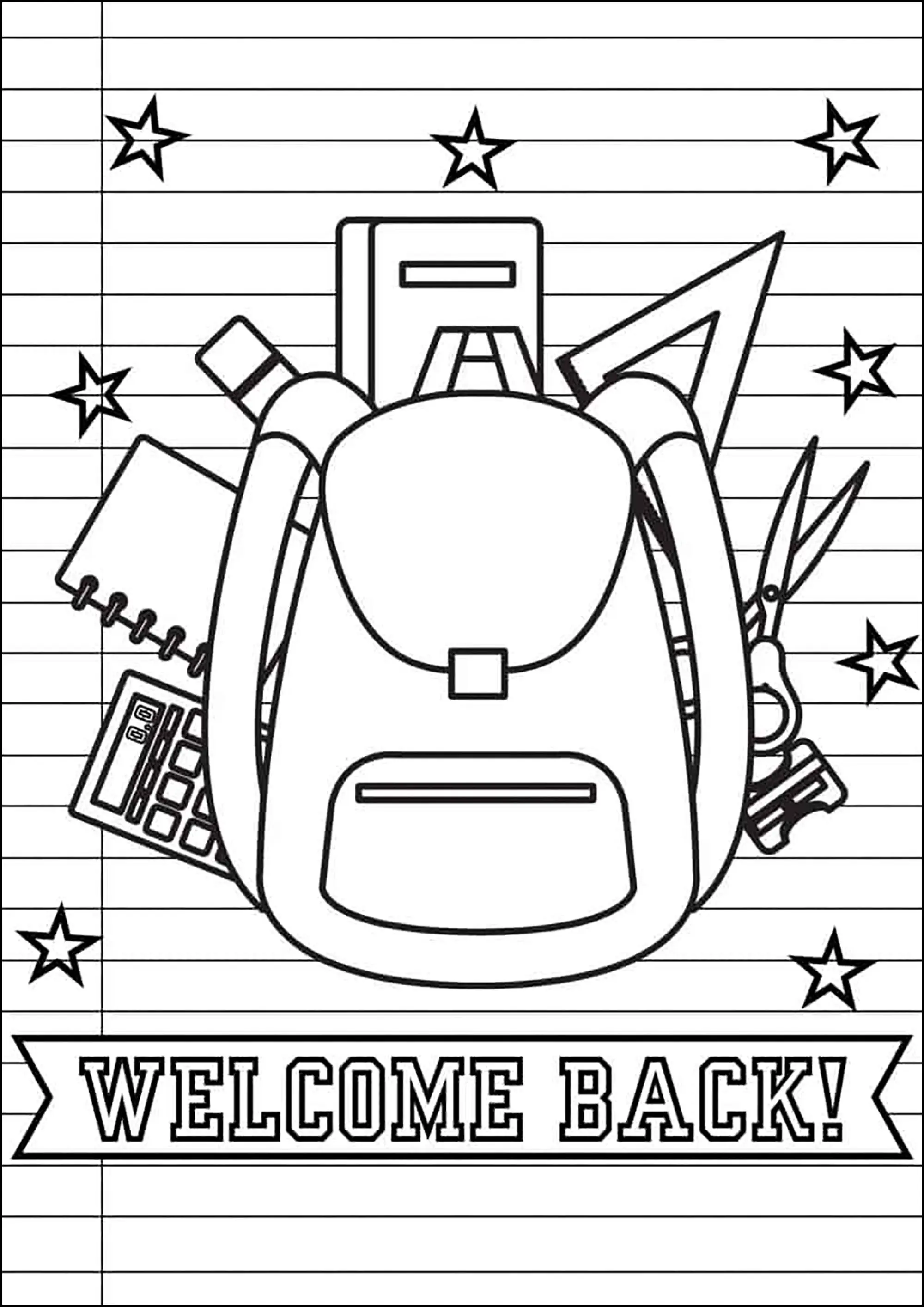 Cartable et texte "Welcome Back" (Coloriage de Rentrée des classes à imprimer pour enfants)