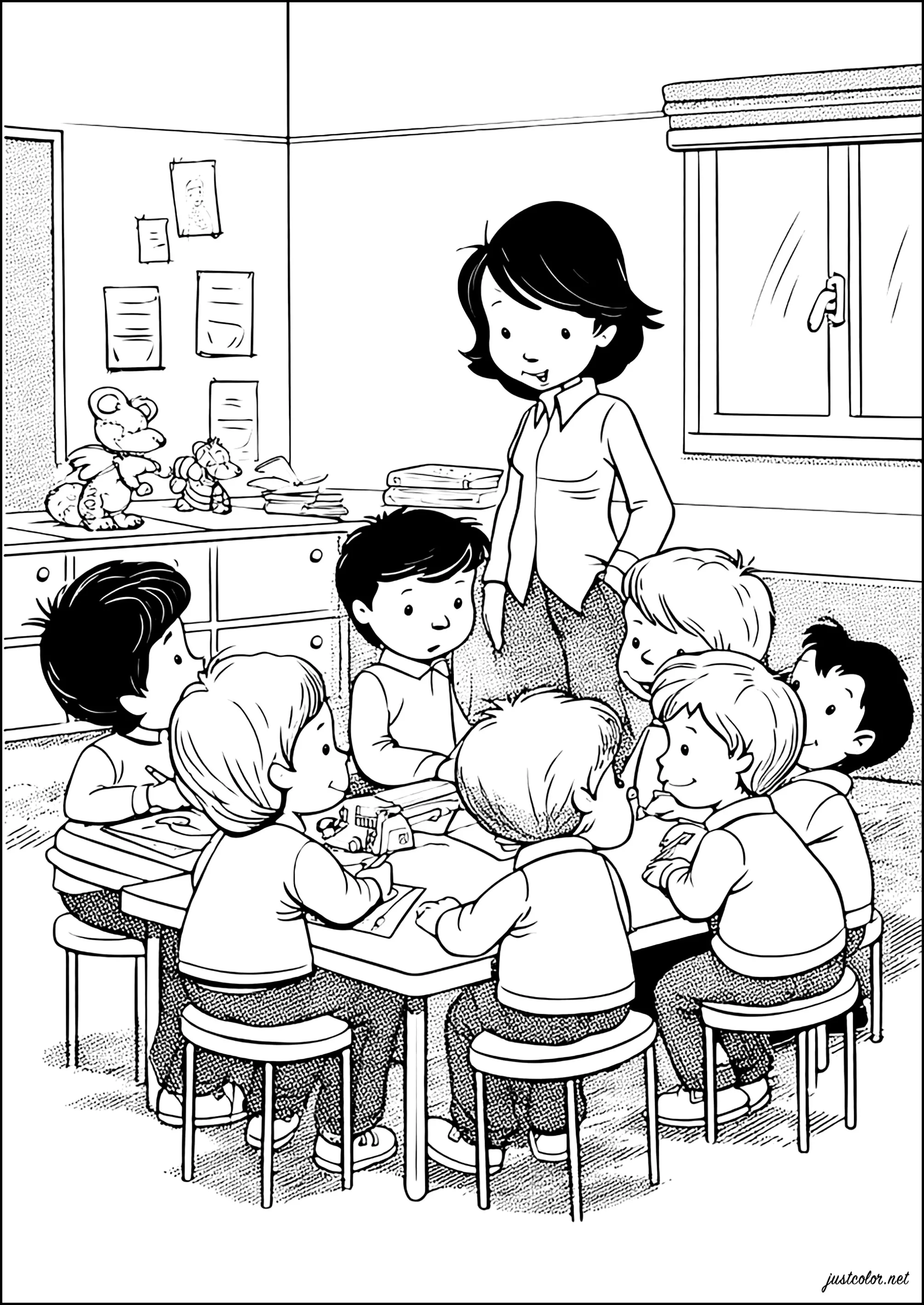 Ensemble pour apprendre et s'amuser (Coloriage de Rentrée des classes à imprimer pour enfants)