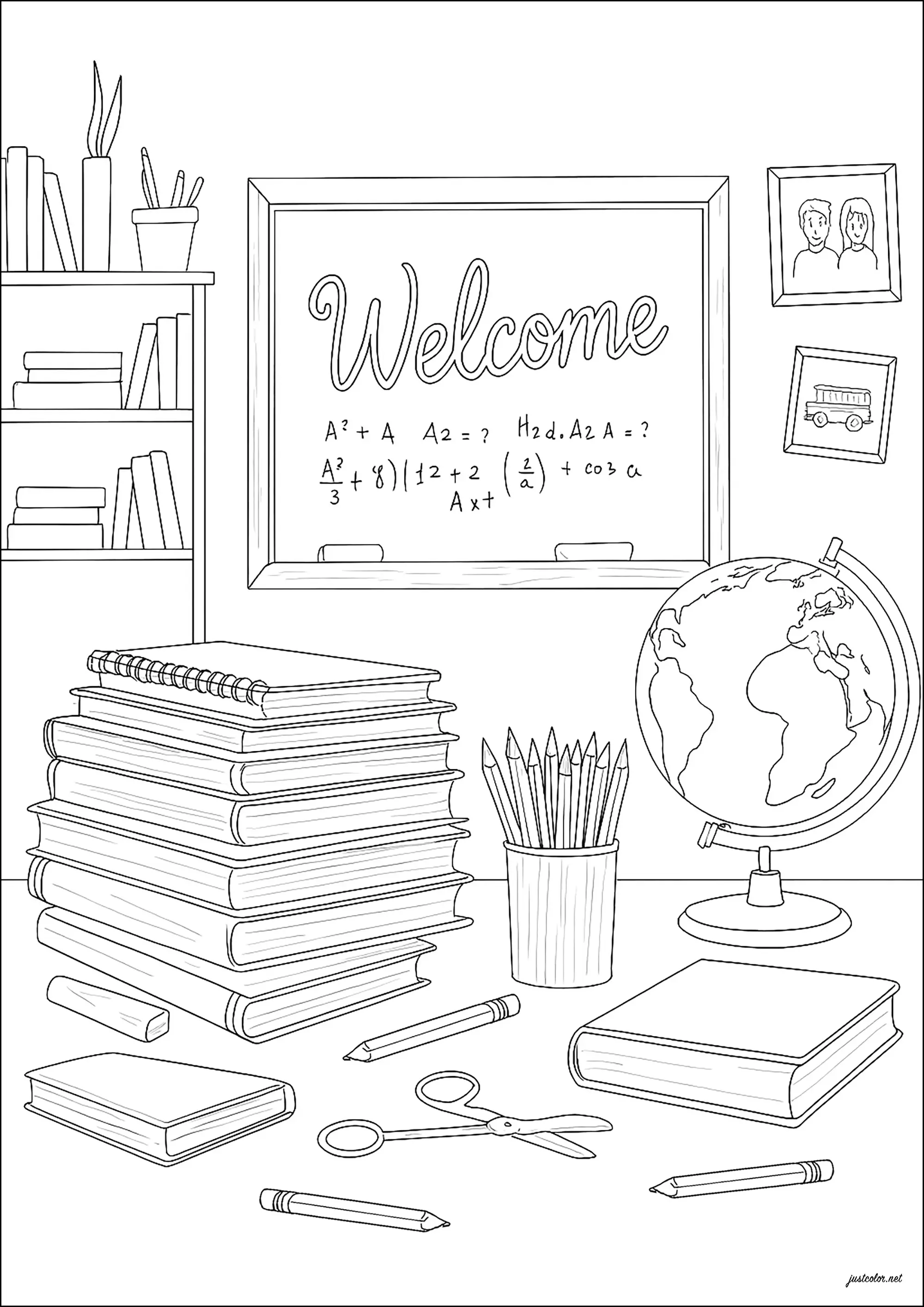 La classe est prête pour accueillir les élèves (Coloriage de Rentrée des classes à imprimer pour enfants)