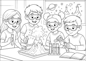 Exploration scientifique avec des amis joyeux (Coloriage de Rentrée des classes)