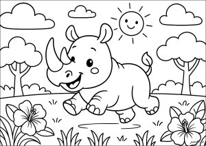 Rhinocéros joyeux dans la savane (Coloriage)