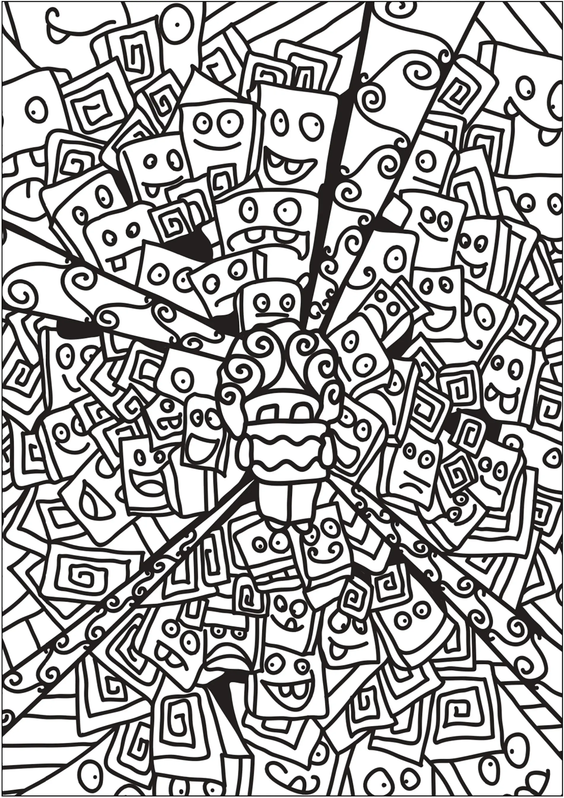 Dessin doodle avec de nombreuses têtes de robots (Coloriage à imprimer pour enfants)