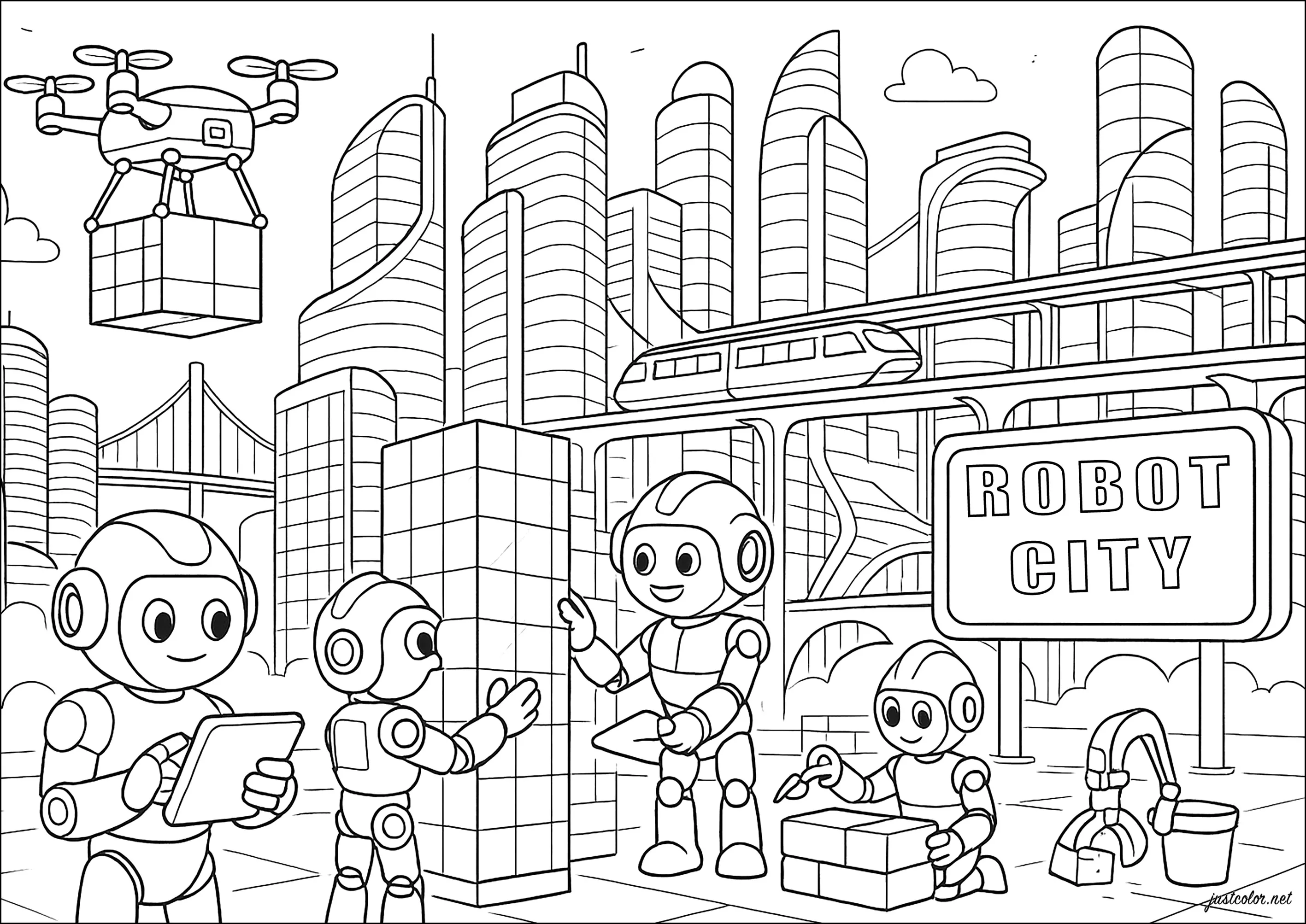 Robot City : La ville futuriste robotique (Coloriage à imprimer pour enfants)