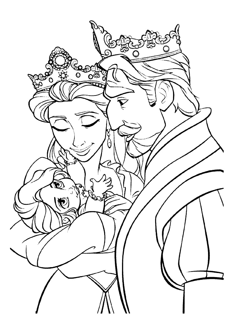 Raiponce entourée de sa mère et de son père : le roi et la reine du royaume