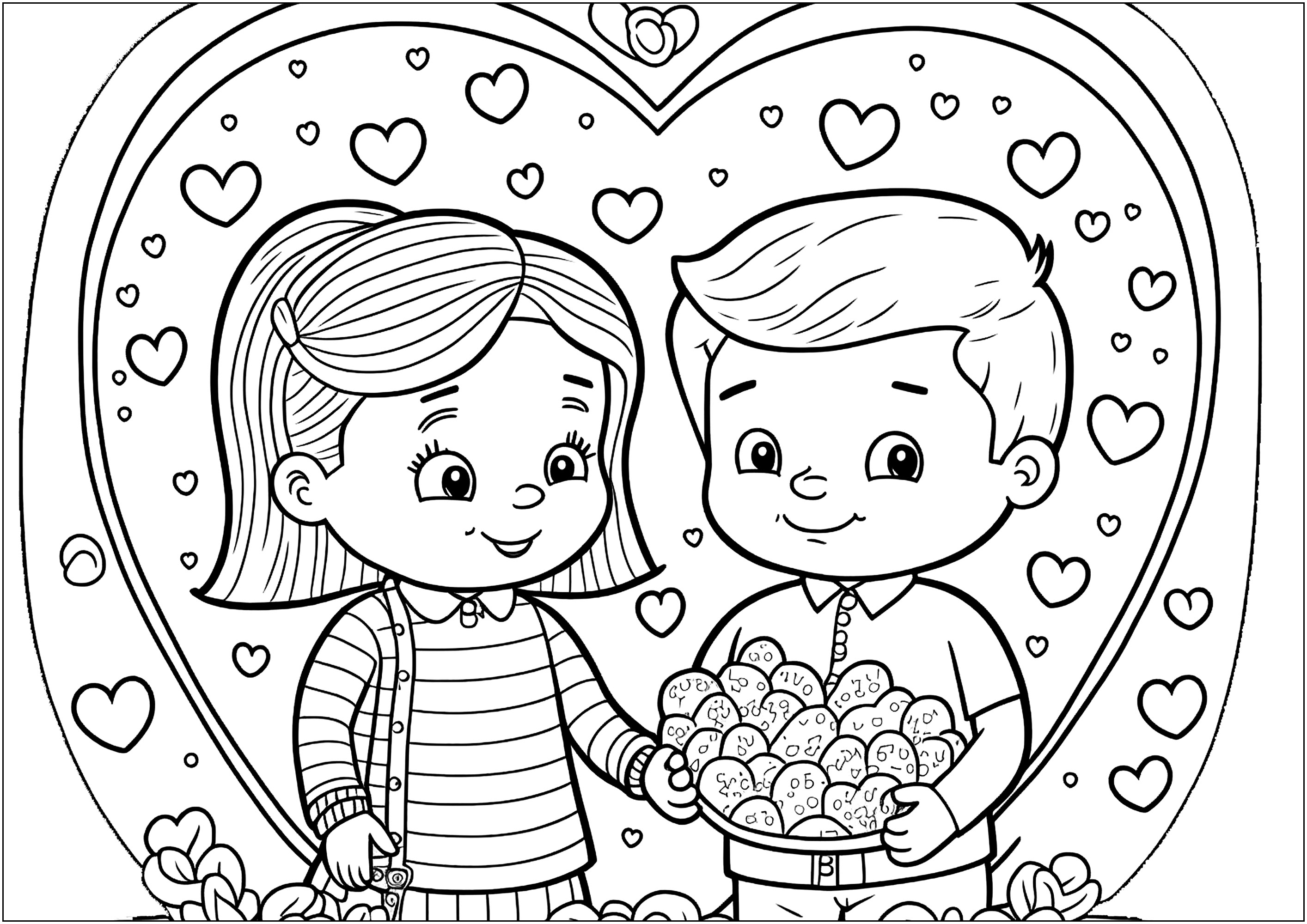 Joli coloriage de Saint-Valentin. Pâques approchant, ce gentil garçon offre à l'élue de son coeur des oeufs !