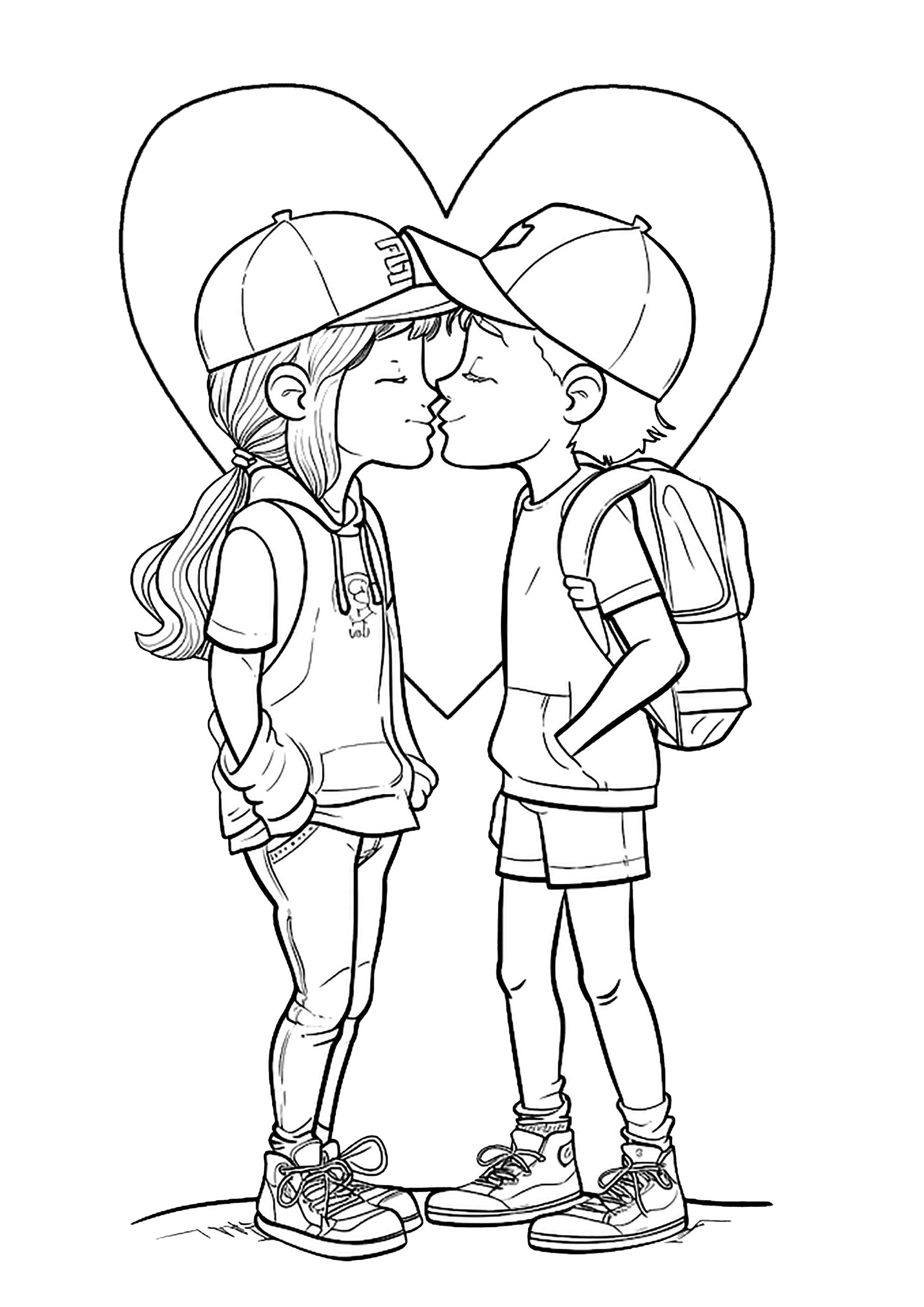 Coloriage de La Saint Valentin : Deux jeunes amoureux avec des belles casquettes Coloriage de La Saint Valentin à imprimer pour enfants : Deux jeunes amoureux avec des belles casquettes