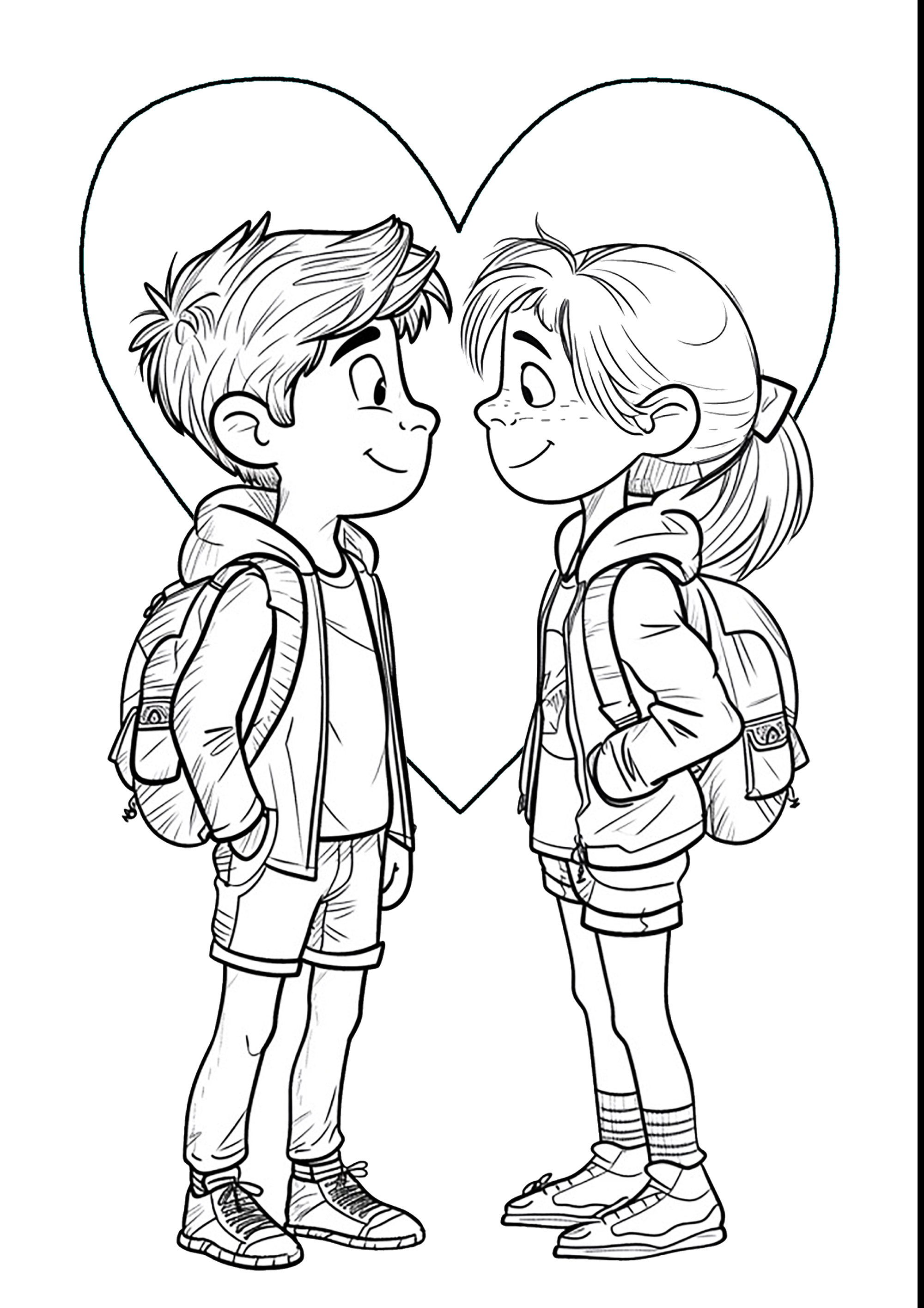 Jeunes écoliers amoureux (Coloriage de La Saint Valentin) Jeunes écoliers amoureux (Coloriage de La Saint Valentin à imprimer pour enfants)