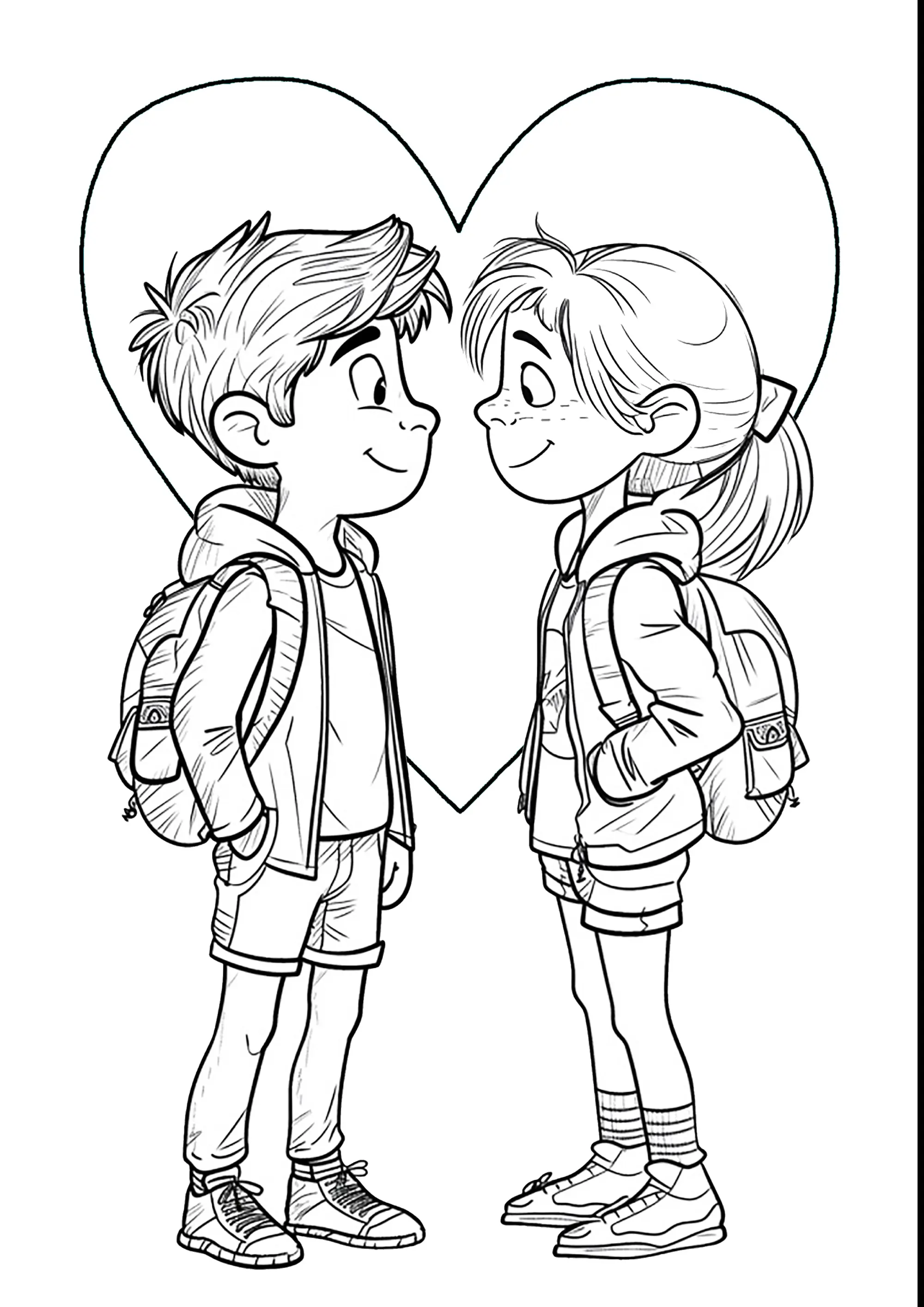 Jeunes écoliers amoureux (Coloriage de La Saint Valentin à imprimer pour enfants)
