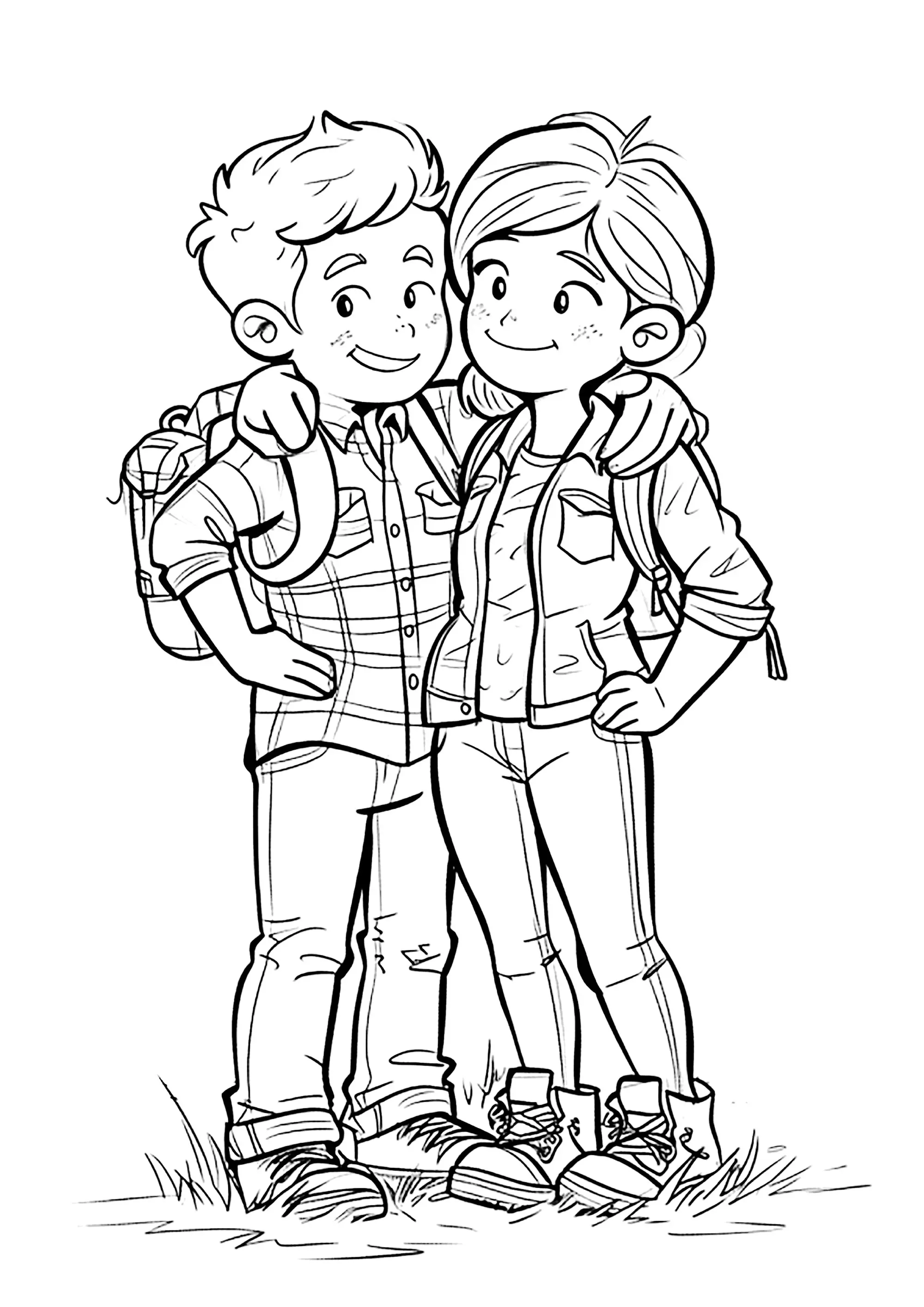 Deux jeunes randonneurs (Coloriage de La Saint Valentin à imprimer pour enfants)