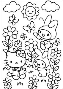 Amis enjoués dans un jardin fleuri (Coloriage de Sanrio)