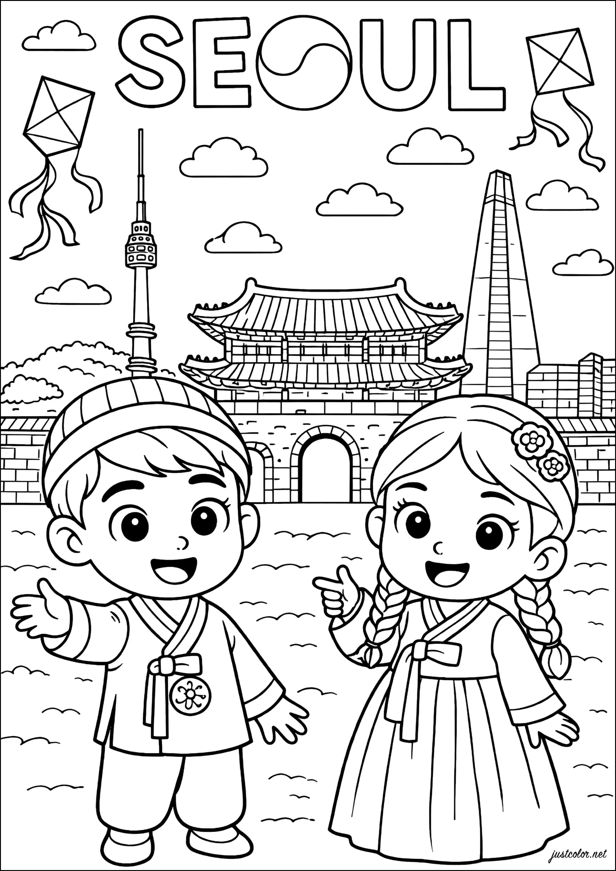 Enfants en tenues traditionnelles (Hanbok) à Séoul (Coloriage à imprimer pour enfants)