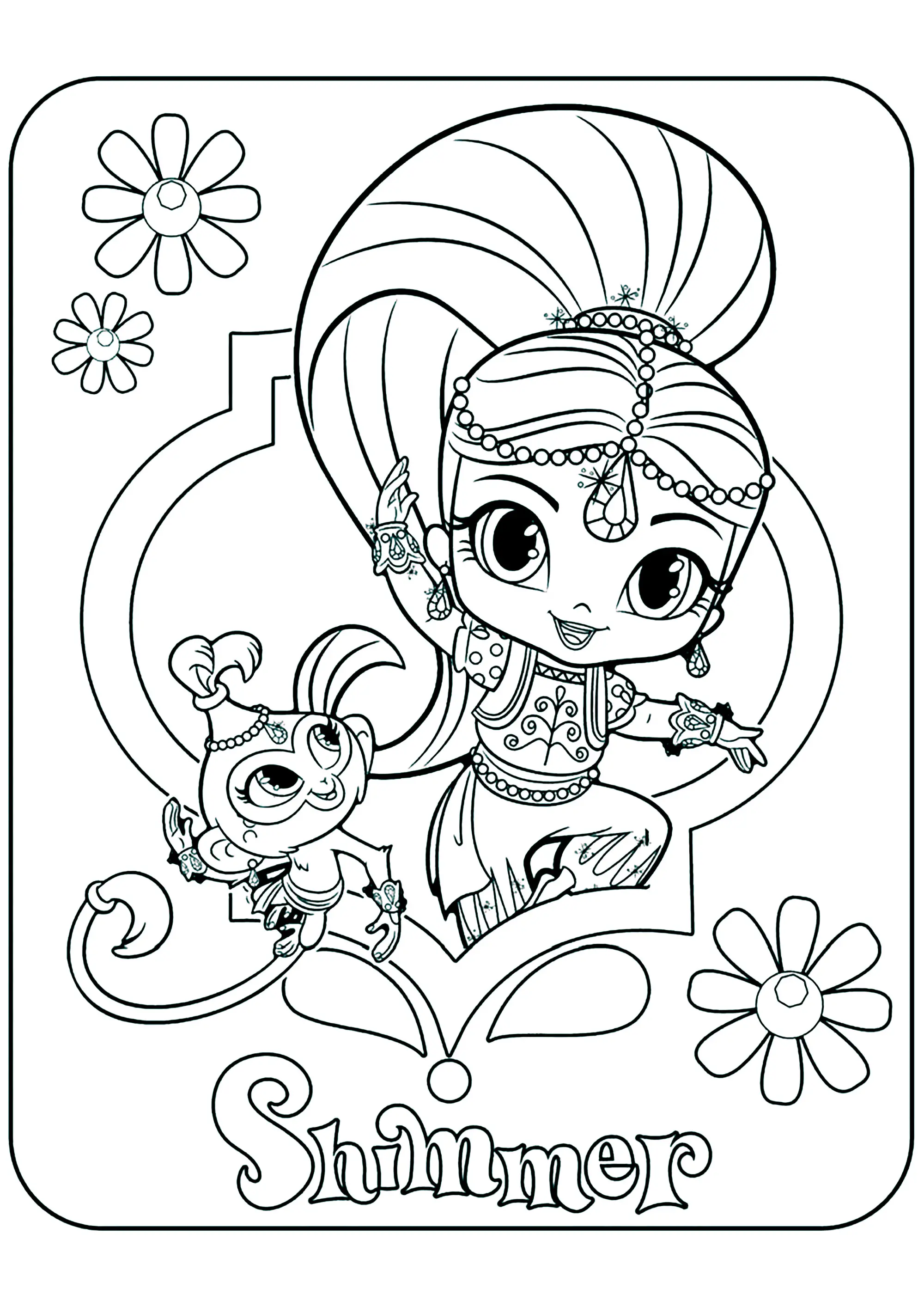 Shimmer et son ami le petit singe Tala (Coloriage de Shimmer And Shine à imprimer pour enfants)