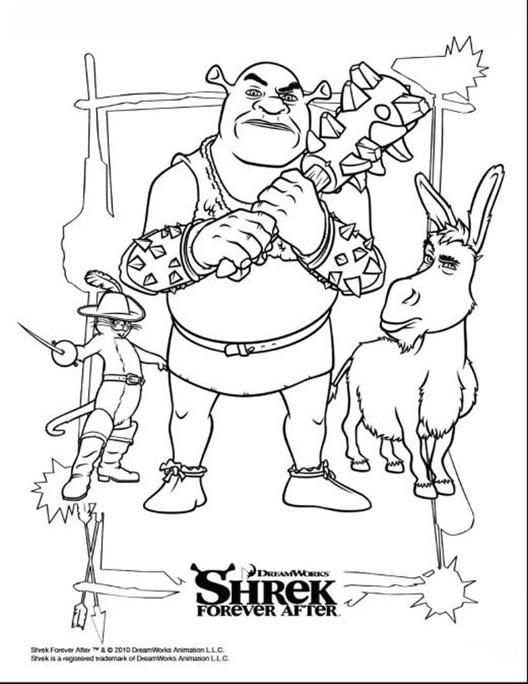Colroiage gratuit de Shrek 4, avec l'ogre, l'âne et le chat potté