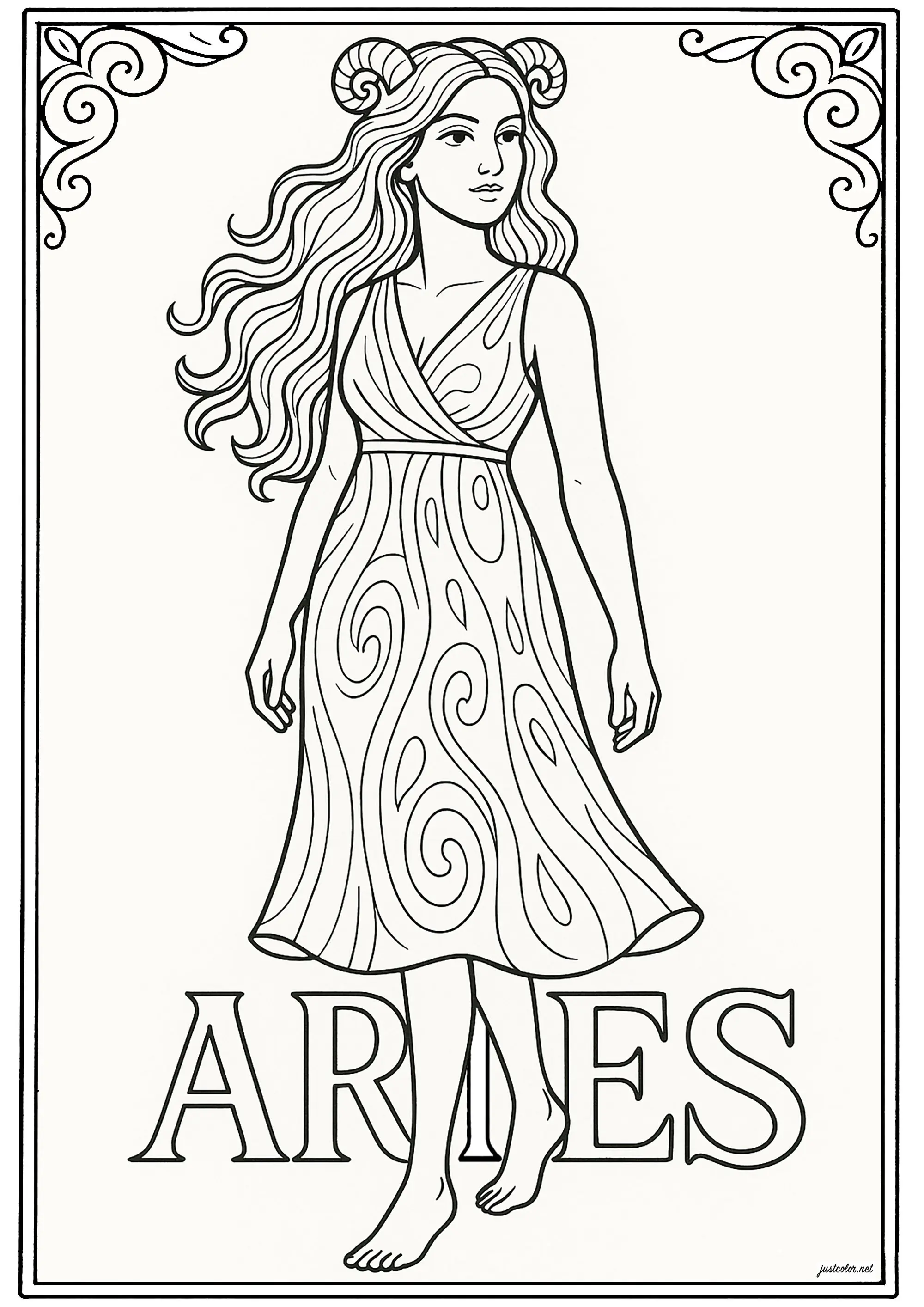 Signe du Belier (Aries) représenté par une femme (Coloriage de Signes du Zodiaque à imprimer pour enfants)
