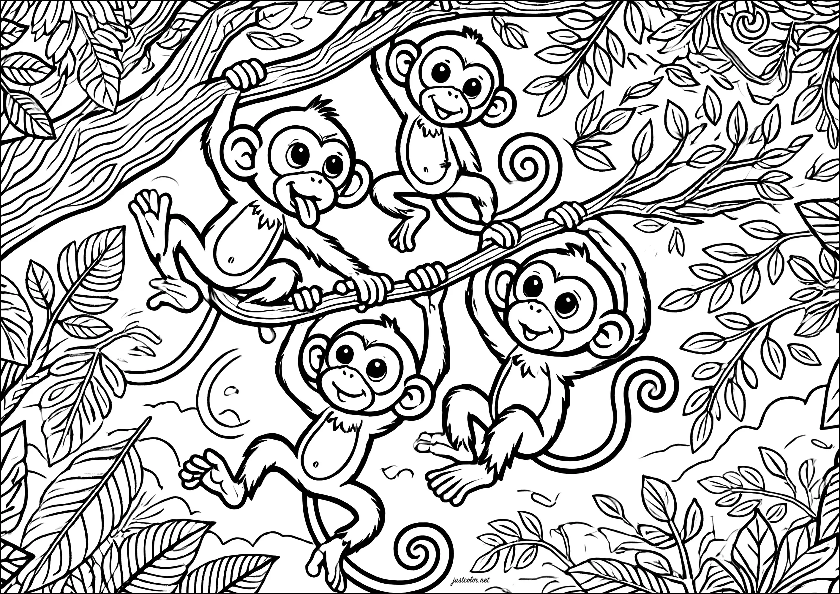 Quarte petits singes sur un arbre (Coloriage à imprimer pour enfants)