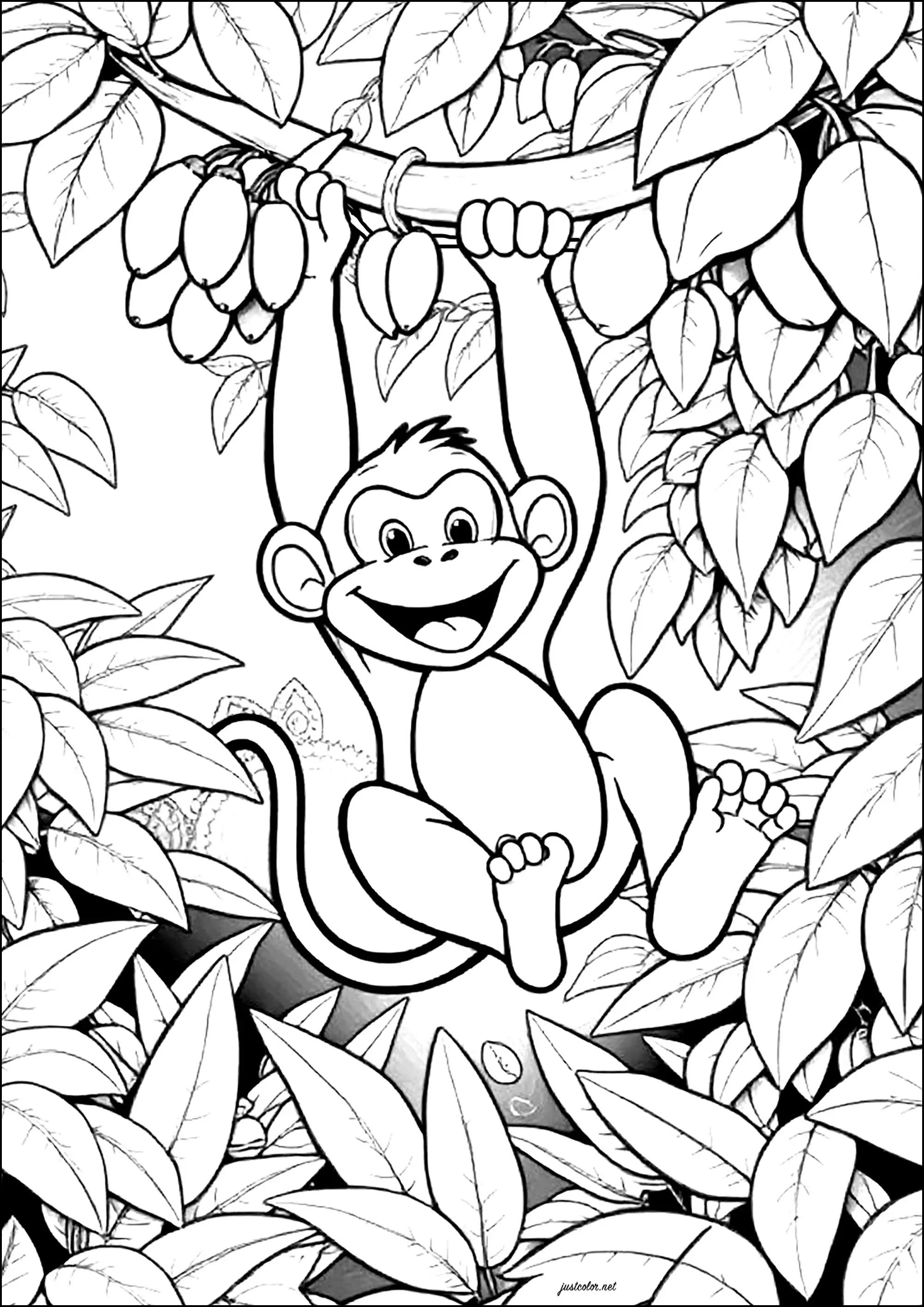 Singe s'amusant dans la jungle (Coloriage à imprimer pour enfants)