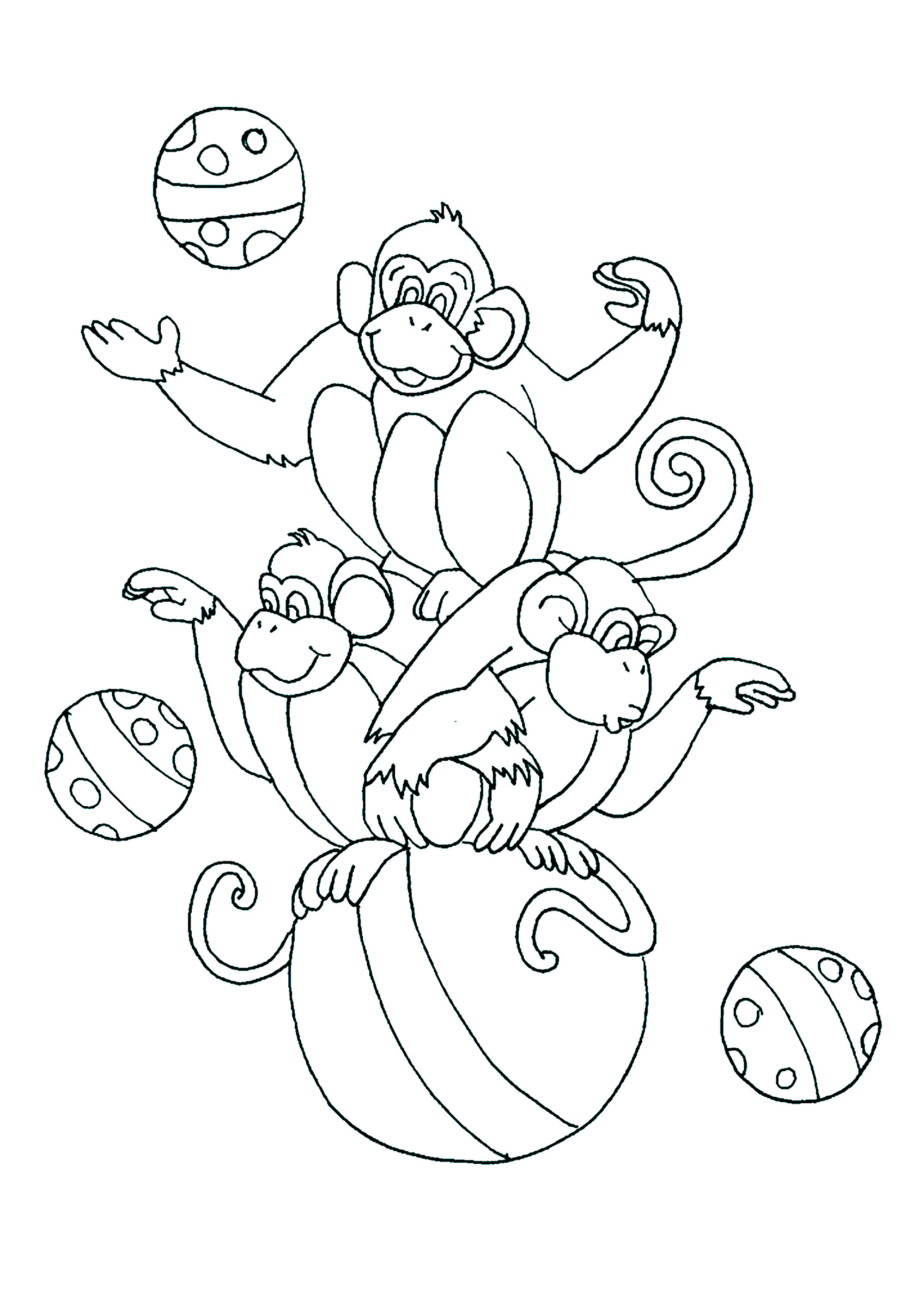 Singes de cirque, jouant sur un grand ballon. Colorie ces trois singes et tous leurs ballons