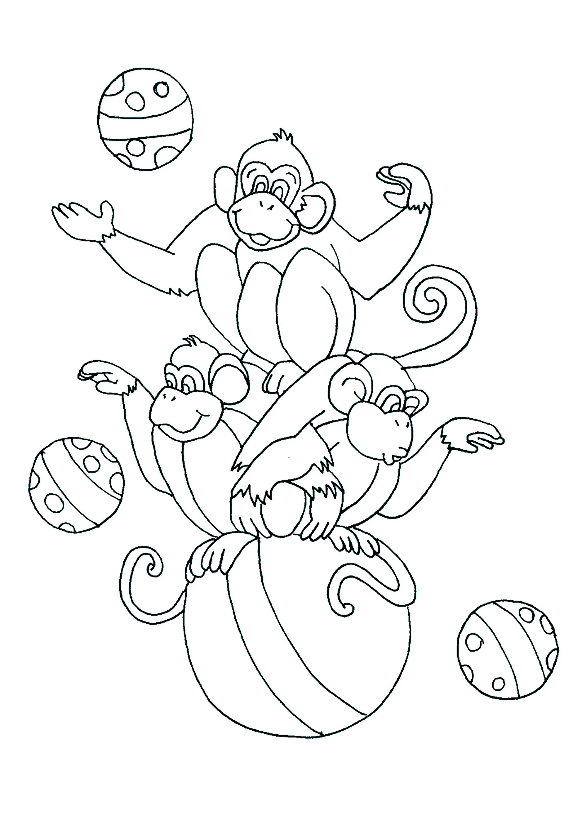 Singes de cirque, jouant sur un grand ballon (Coloriage à imprimer pour enfants)