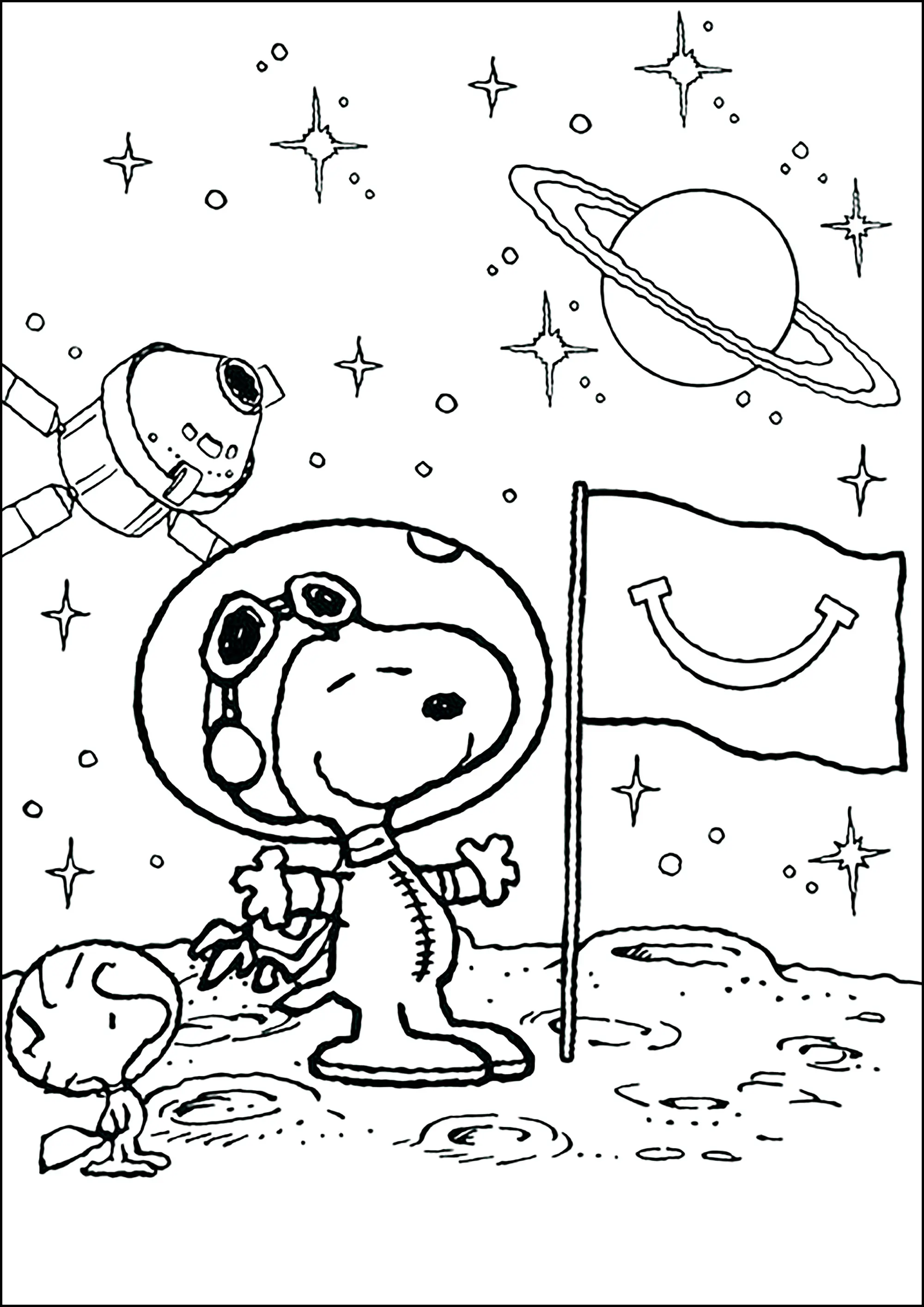 Snoopy l'astronaute découvre la lune avec Woodstock (Coloriage à imprimer pour enfants)
