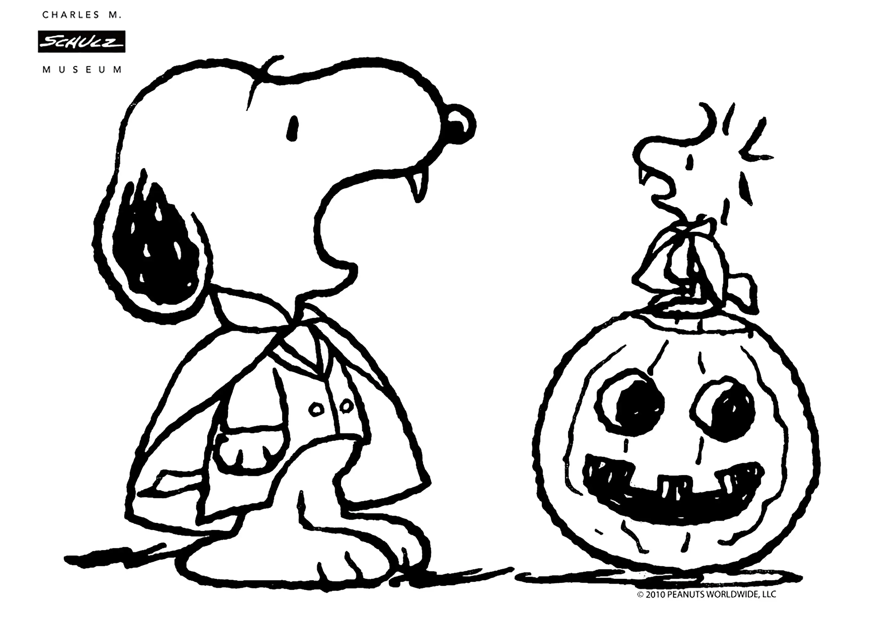 Snoopy déguisé en vampire, avec son ami Woodstock sur une citrouille (Coloriage à imprimer pour enfants)
