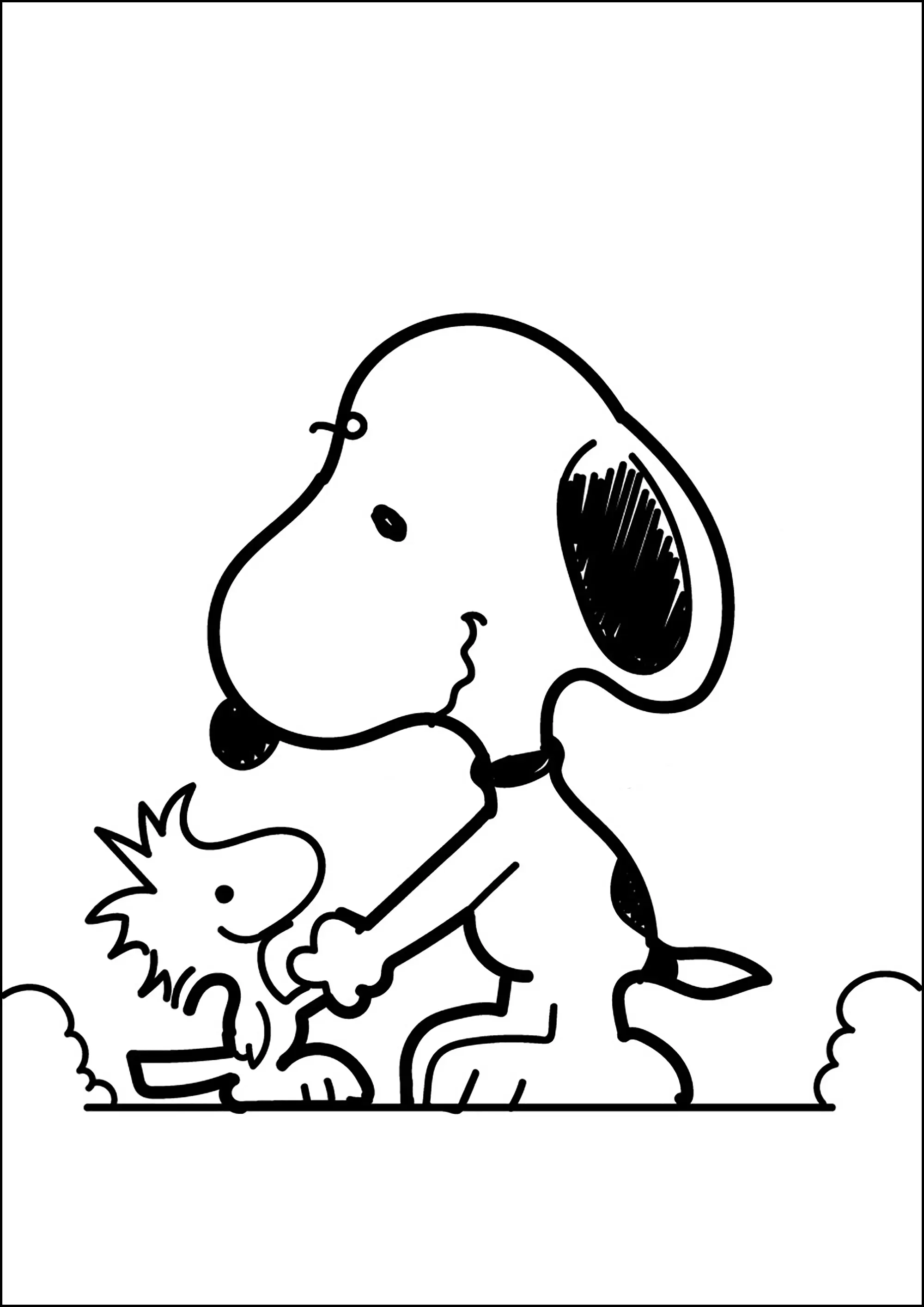 Snoopy et son meilleur ami, le petit Woodstock (Coloriage à imprimer pour enfants)