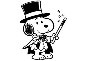 Snoopy le magicien, avec sa baguette et son chapeau