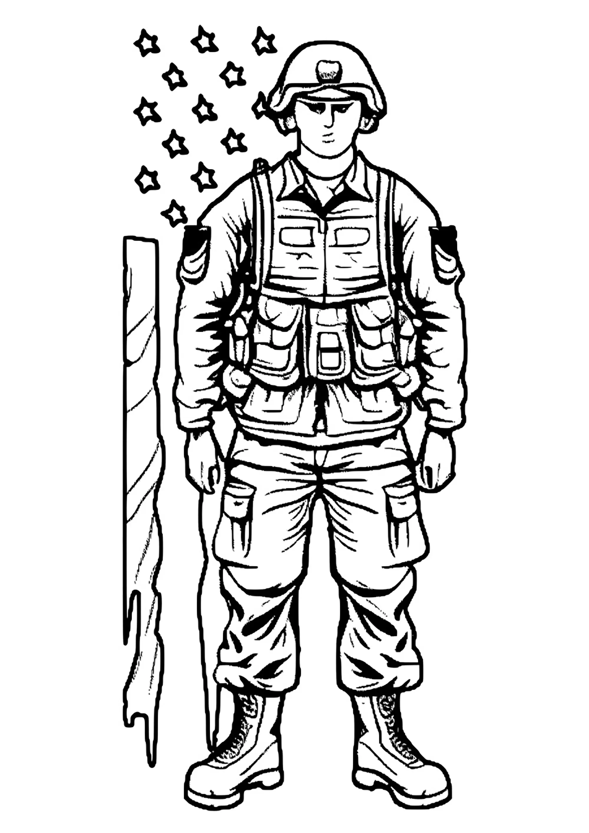 Soldat et son gilet pare-balles (Coloriage à imprimer pour enfants)
