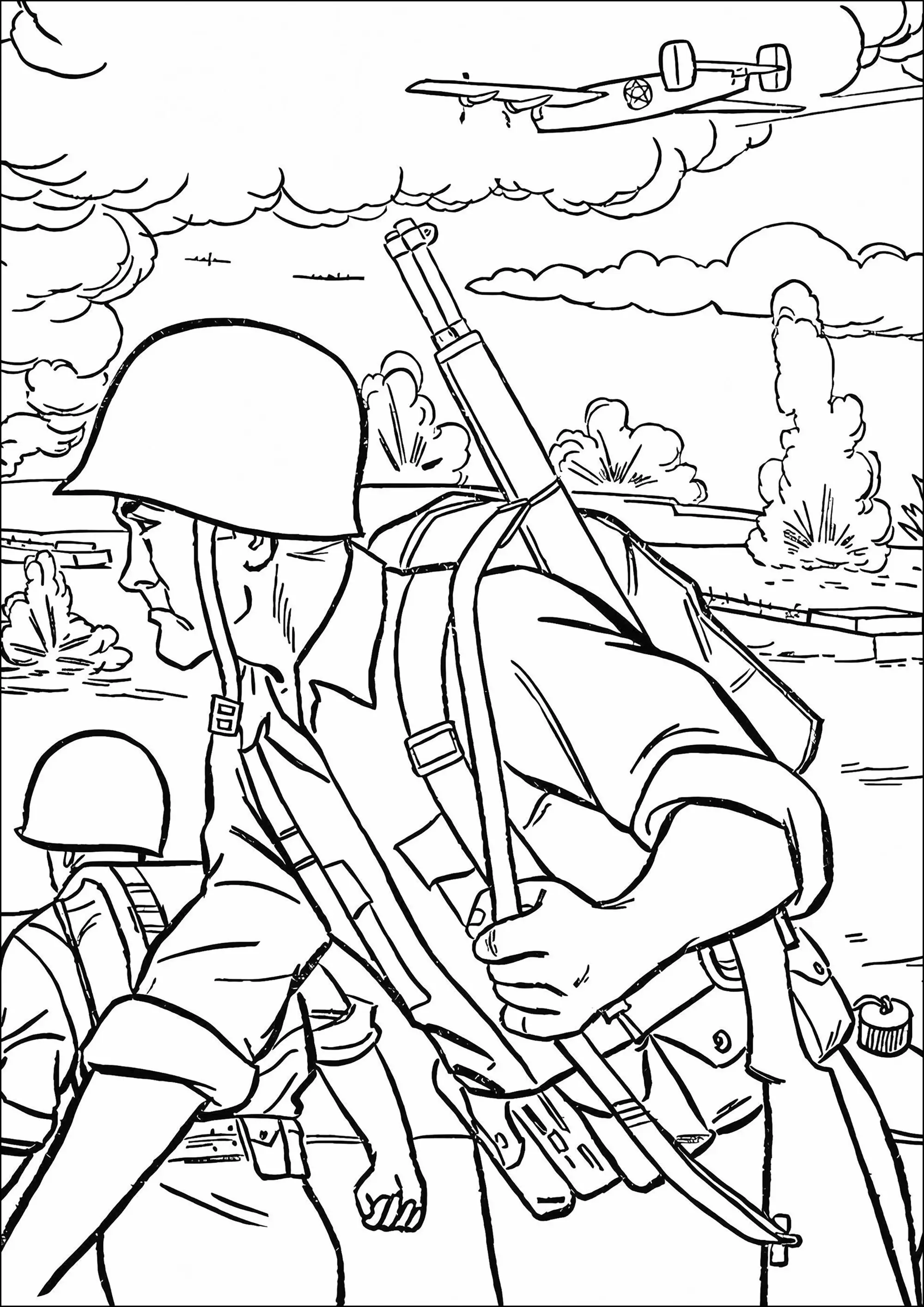 Le débarquement (Coloriage de Soldats à imprimer pour enfants)