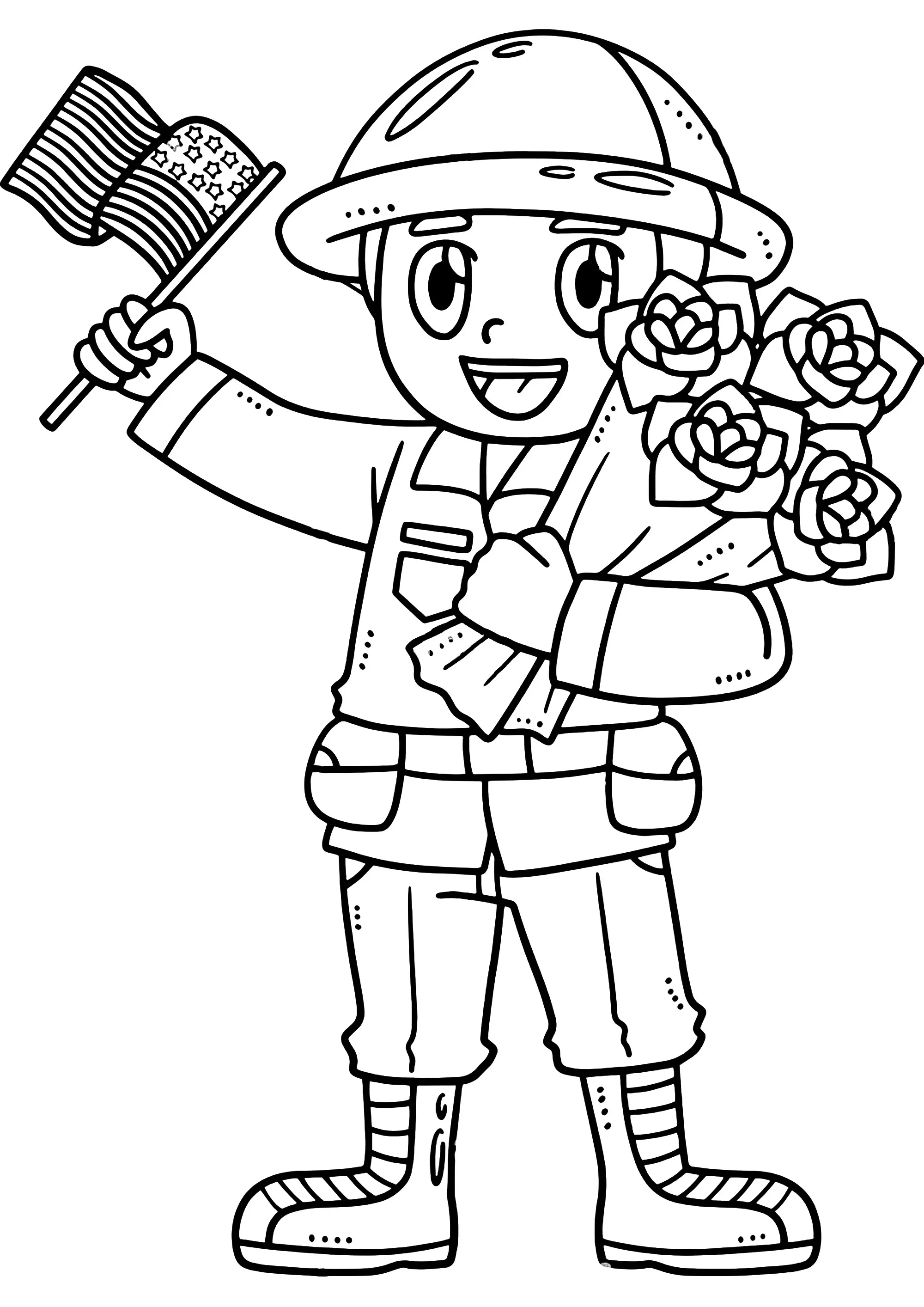 Soldat avec drapeau américain et des fleurs qui lui ont été offertes (Coloriage à imprimer pour enfants)