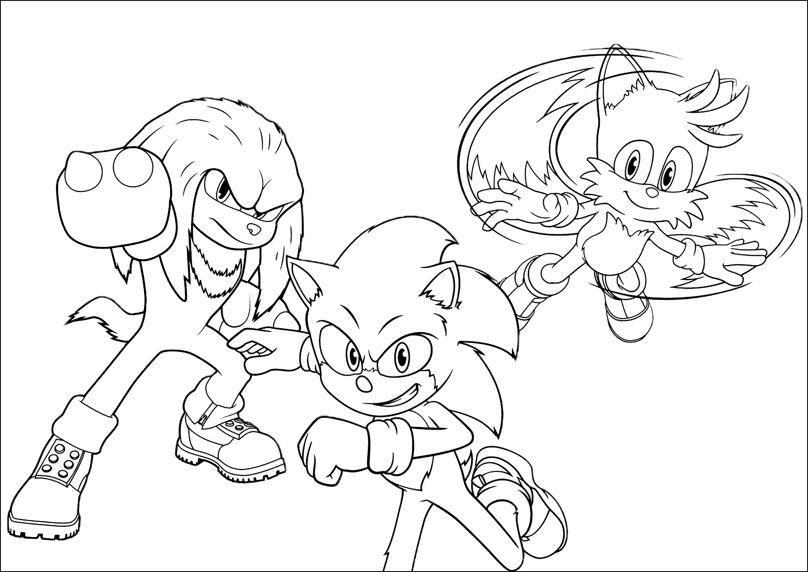 Sonic avec ses amis Knuckles et Tails - Coloriages de Sonic à imprimer