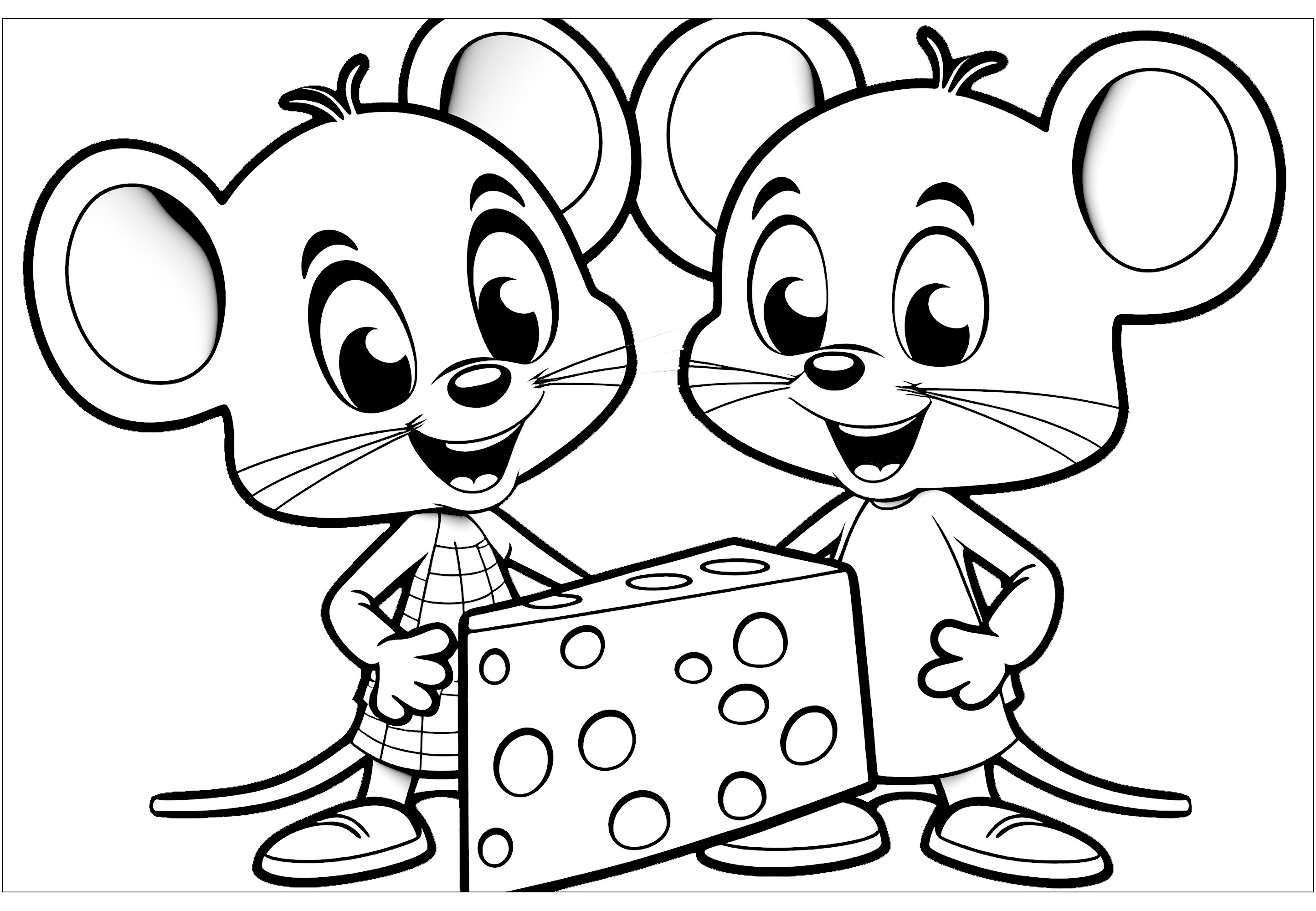 Coloriage de deux souris espiègles prêtes à manger un gros morceau de fromage. Quelle souris va commencer à manger ce fromage ? Il a l'air délicieux