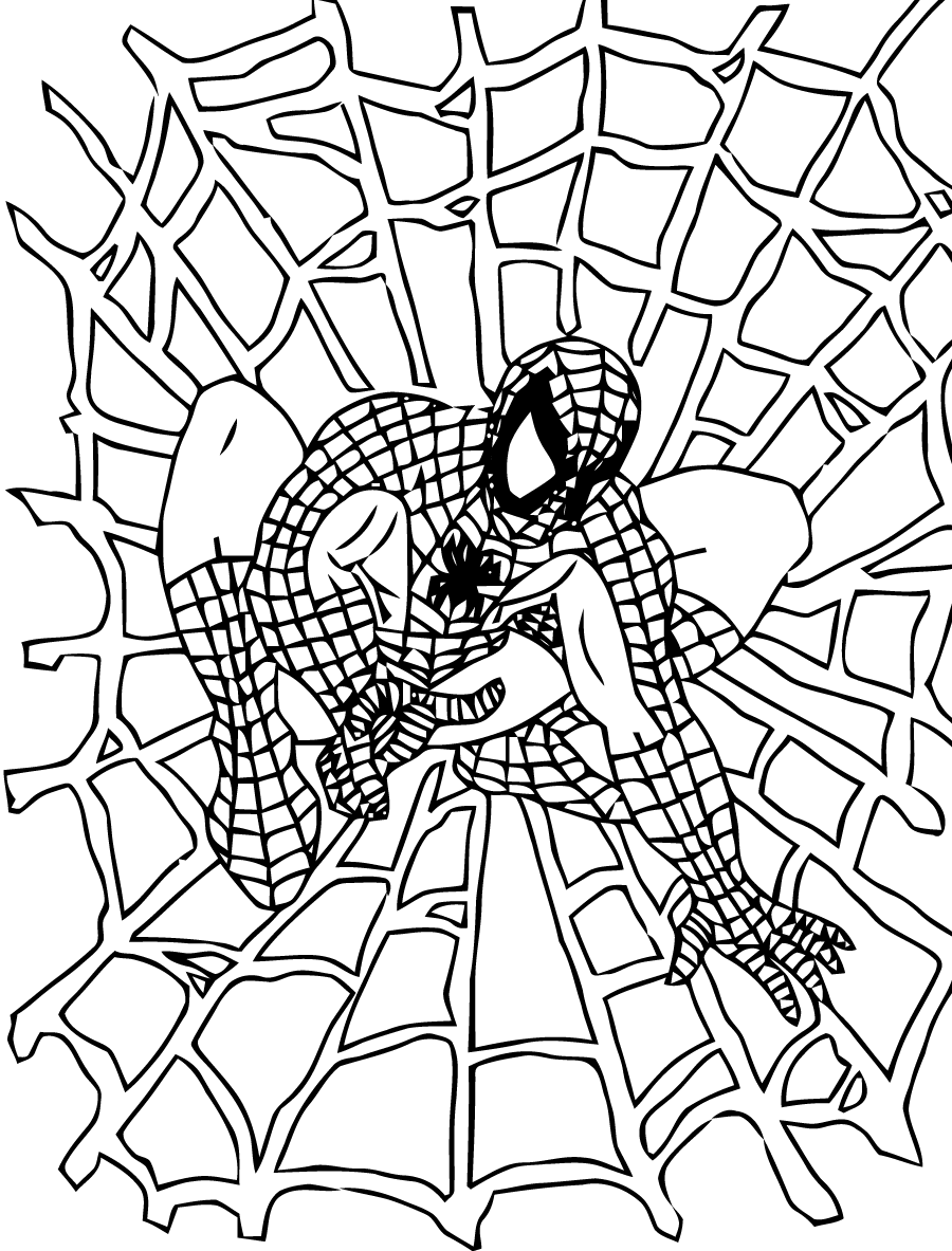 Coloriage de Spiderman dans sa toile