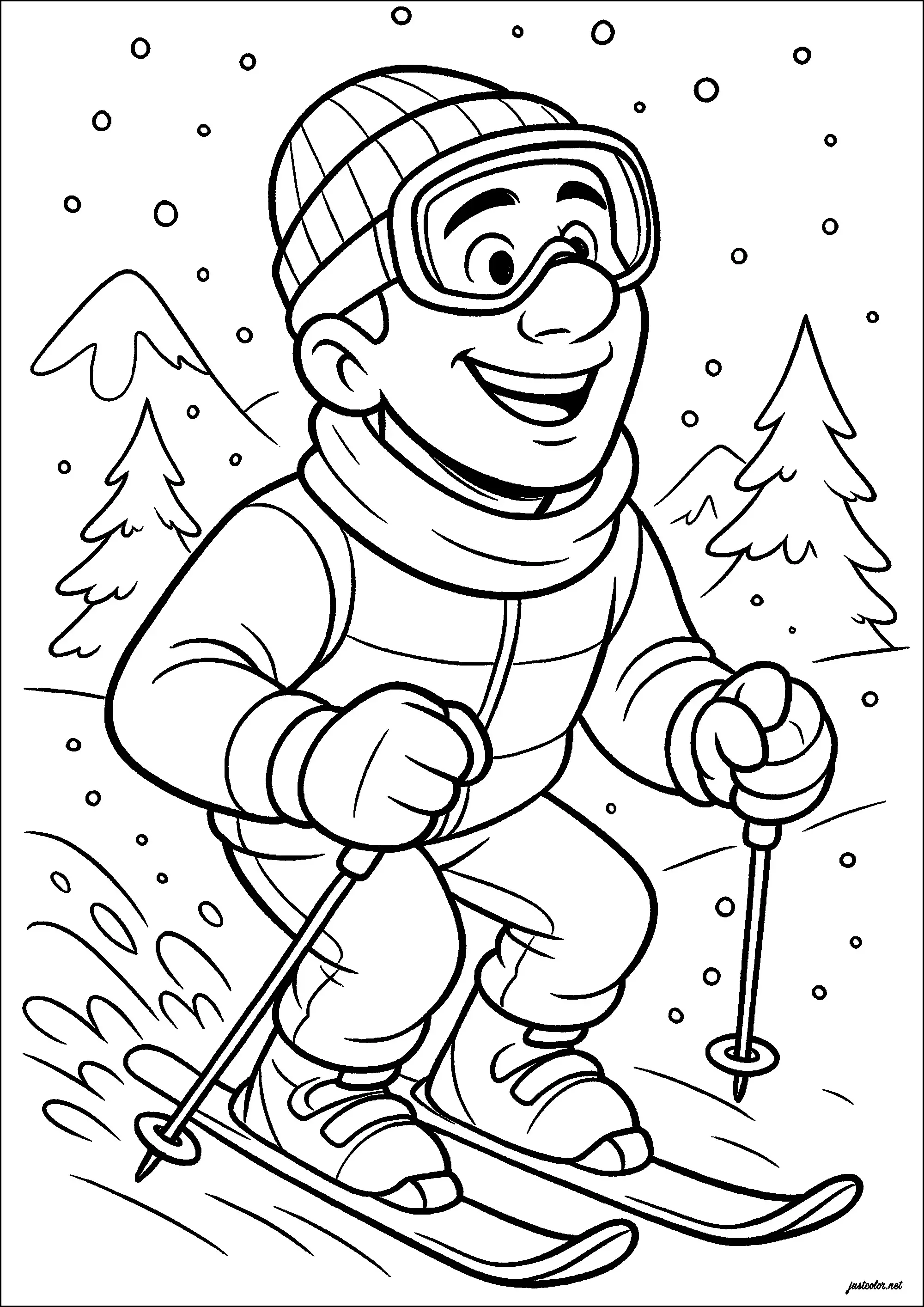Homme train de skier avec un grand sourire (Coloriage de Sports à imprimer pour enfants)