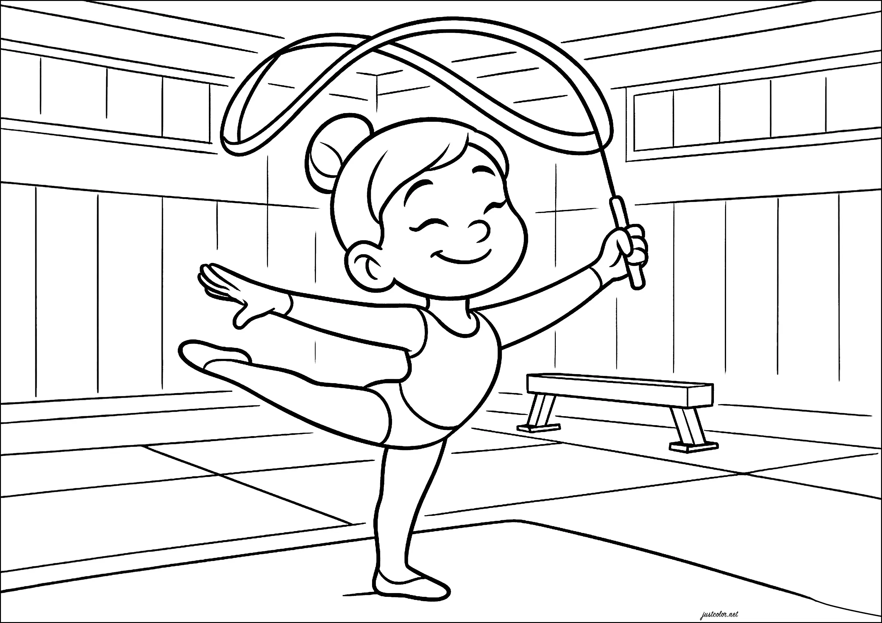 Jeune gymnase, élégante avec avec son ruban (Coloriage de Sports à imprimer pour enfants)