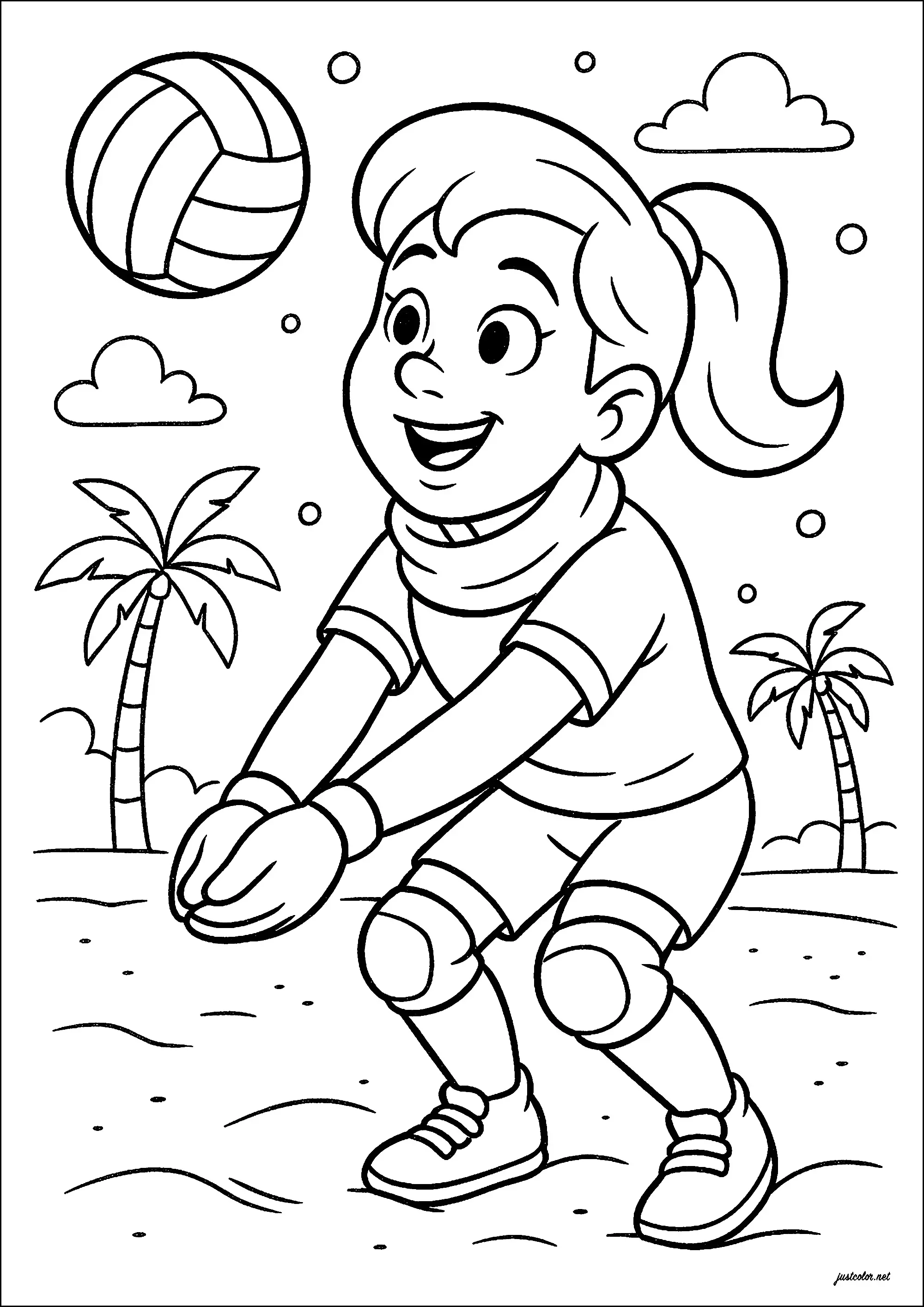 Jeune fille en train de jouer au volleyball sur la plage (Coloriage de Sports à imprimer pour enfants)